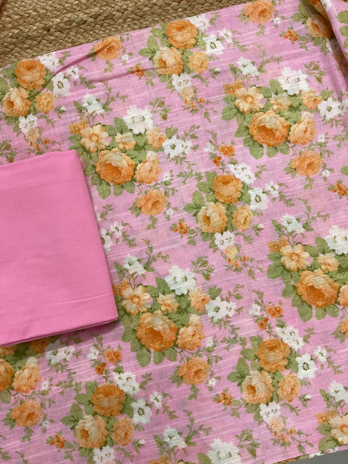 Pure Linen Jute Cotton Silk Printed Suit - Pink