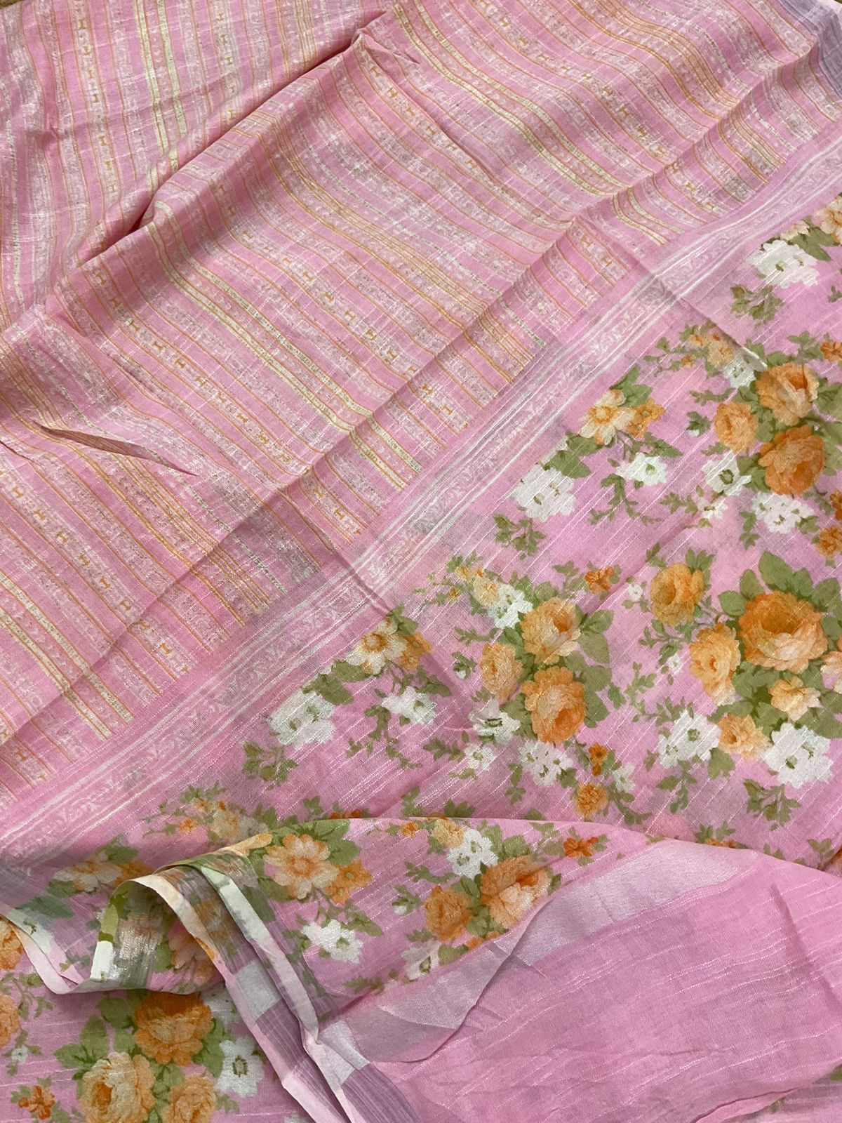 Pure Linen Jute Cotton Silk Printed Suit - Pink