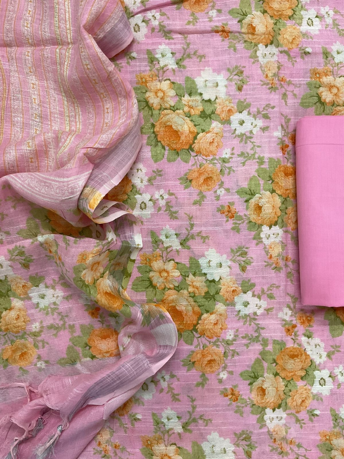 Pure Linen Jute Cotton Silk Printed Suit - Pink
