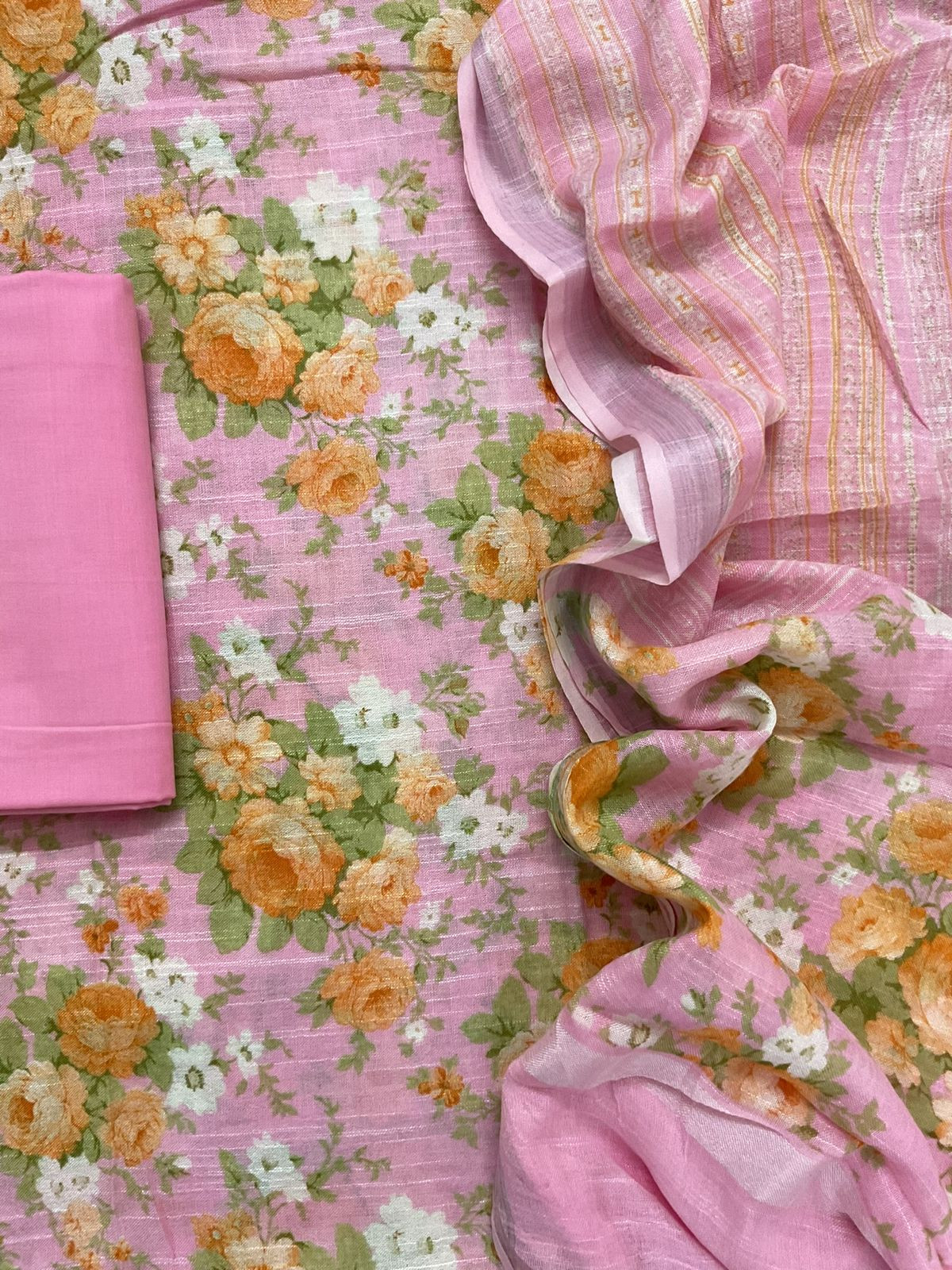 Pure Linen Jute Cotton Silk Printed Suit - Pink