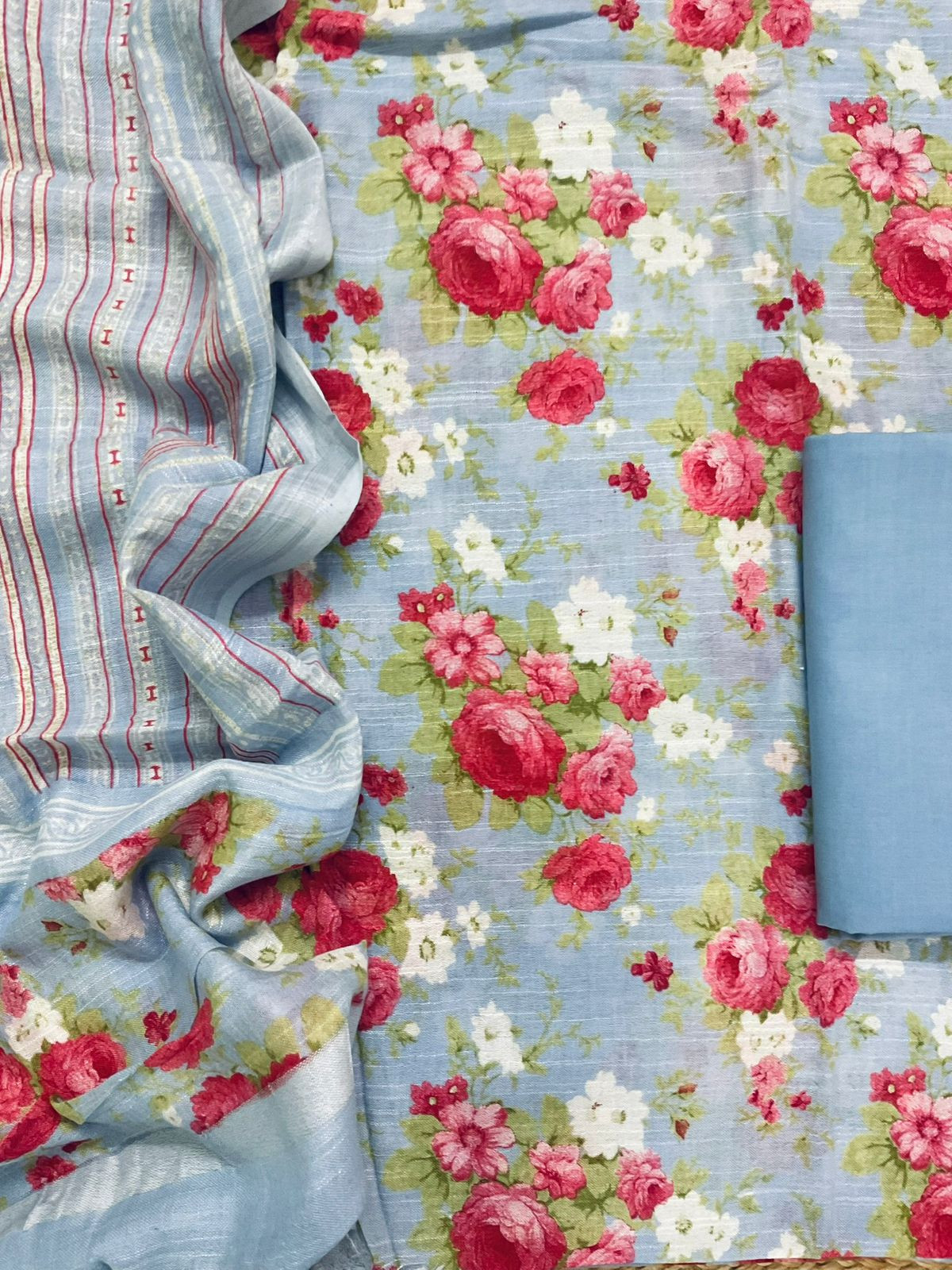 Pure Linen Jute Cotton Silk Printed Suit - Blue