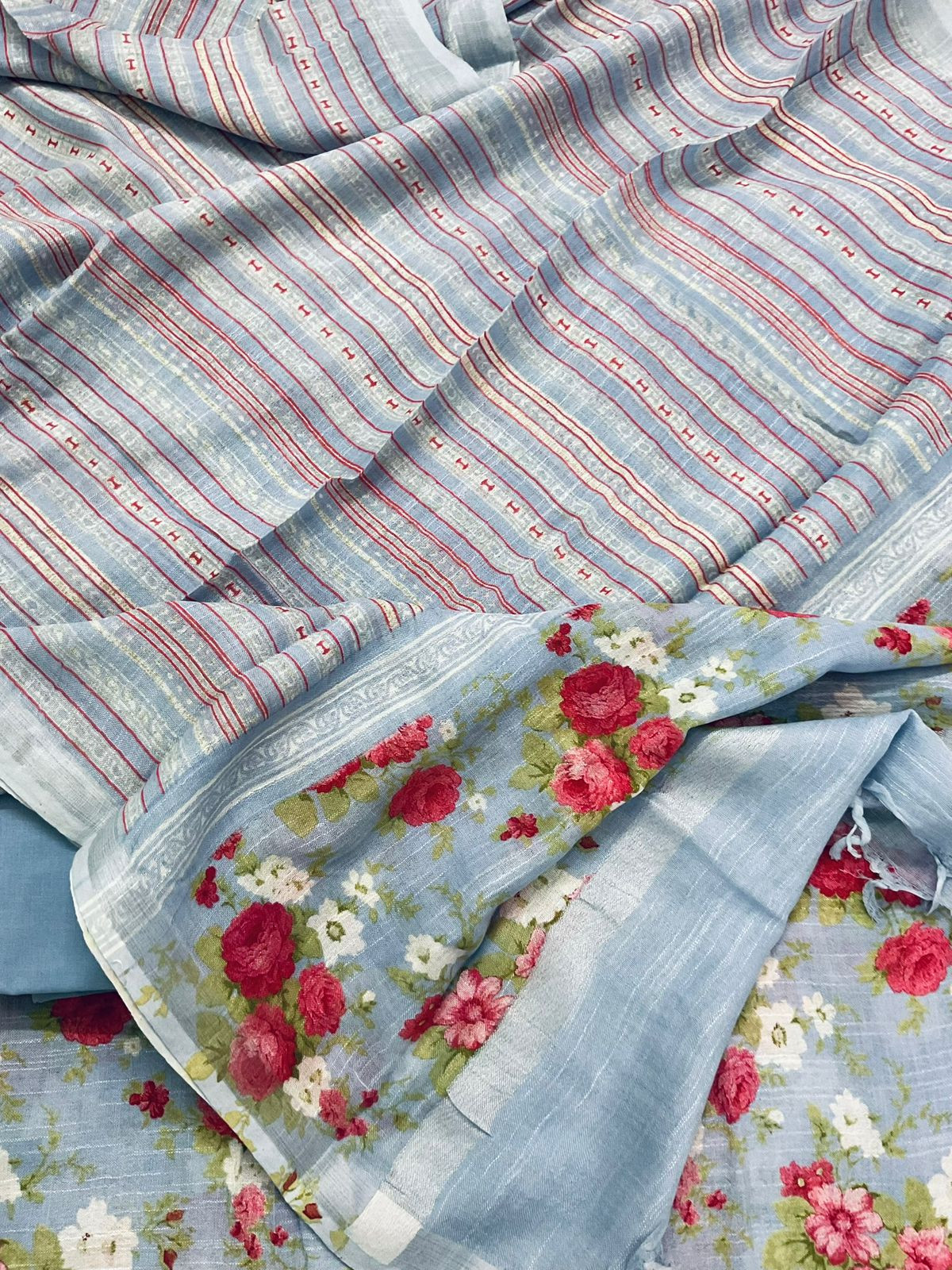 Pure Linen Jute Cotton Silk Printed Suit - Blue