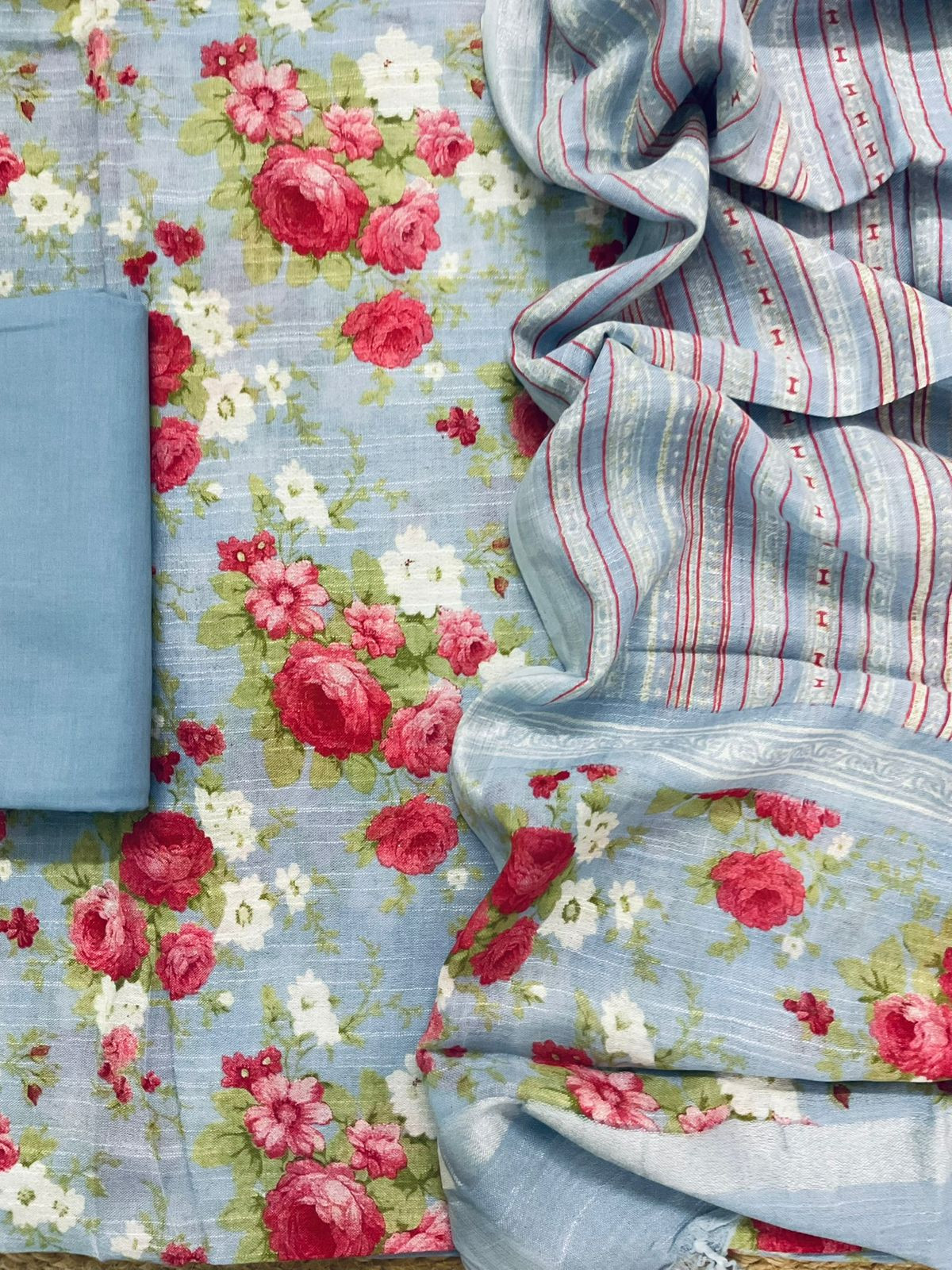 Pure Linen Jute Cotton Silk Printed Suit - Blue