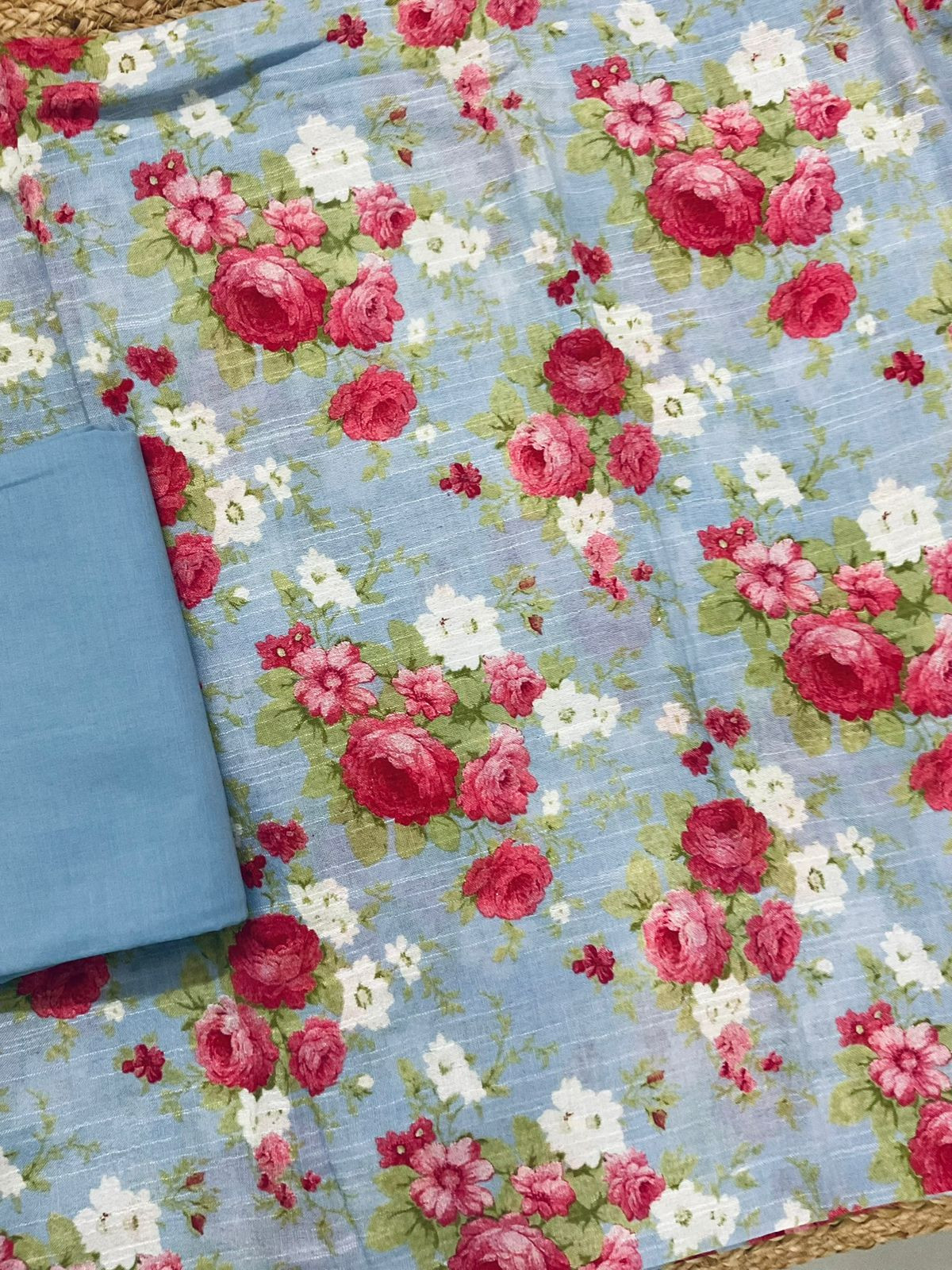 Pure Linen Jute Cotton Silk Printed Suit - Blue