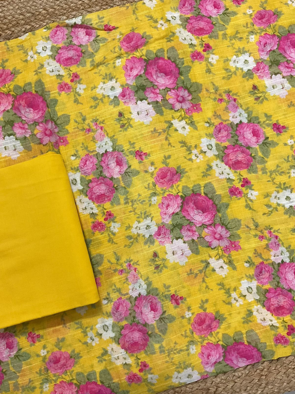Pure Linen Jute Cotton Silk Printed Suit - Yellow