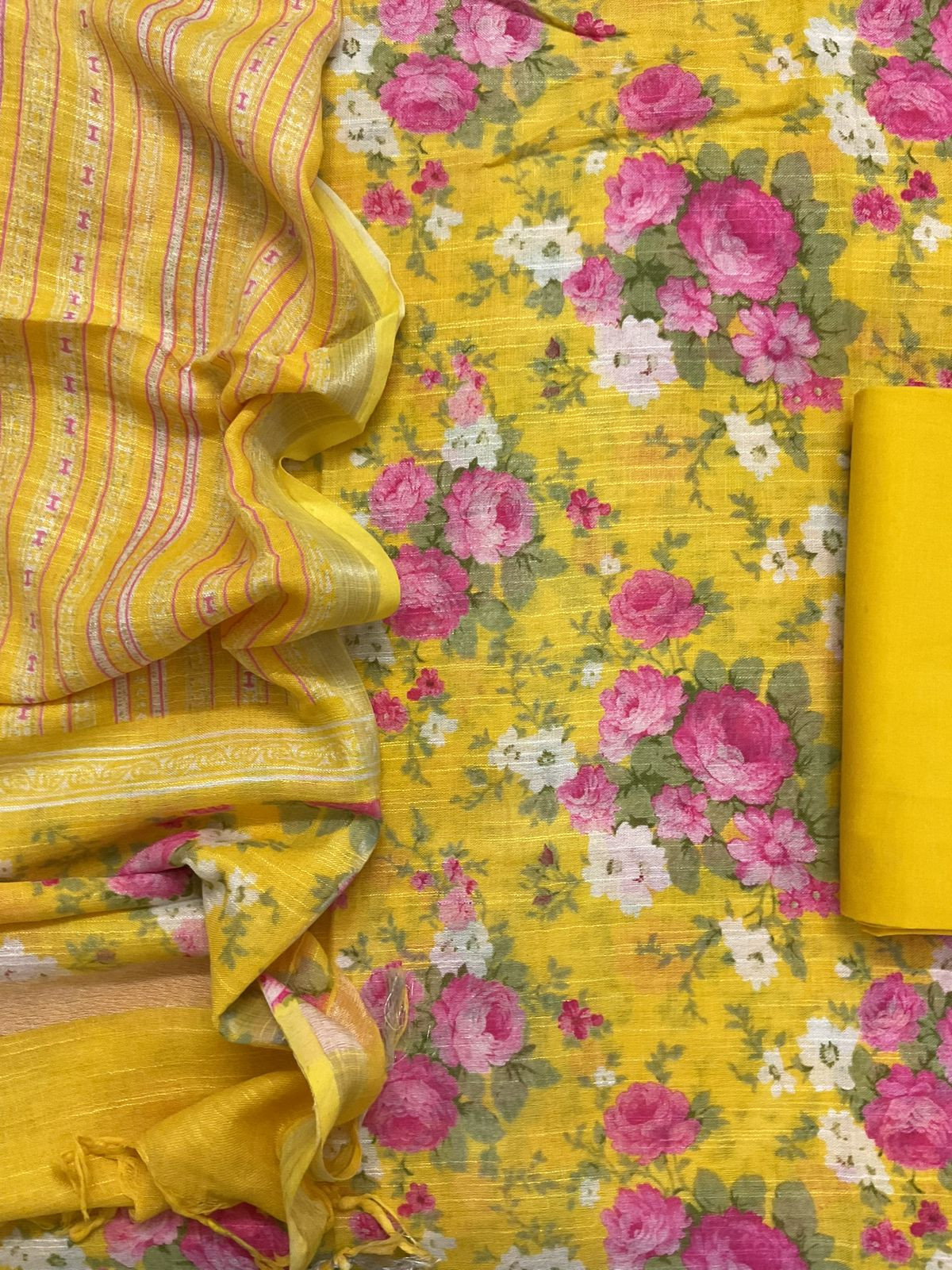 Pure Linen Jute Cotton Silk Printed Suit - Yellow