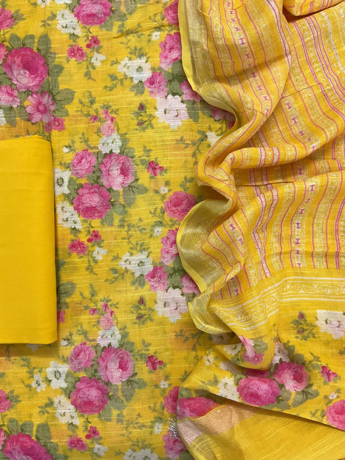 Pure Linen Jute Cotton Silk Printed Suit - Yellow