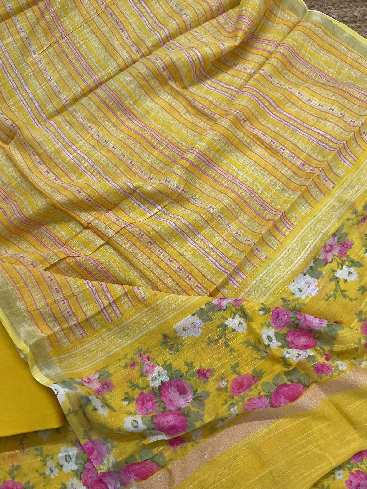 Pure Linen Jute Cotton Silk Printed Suit - Yellow