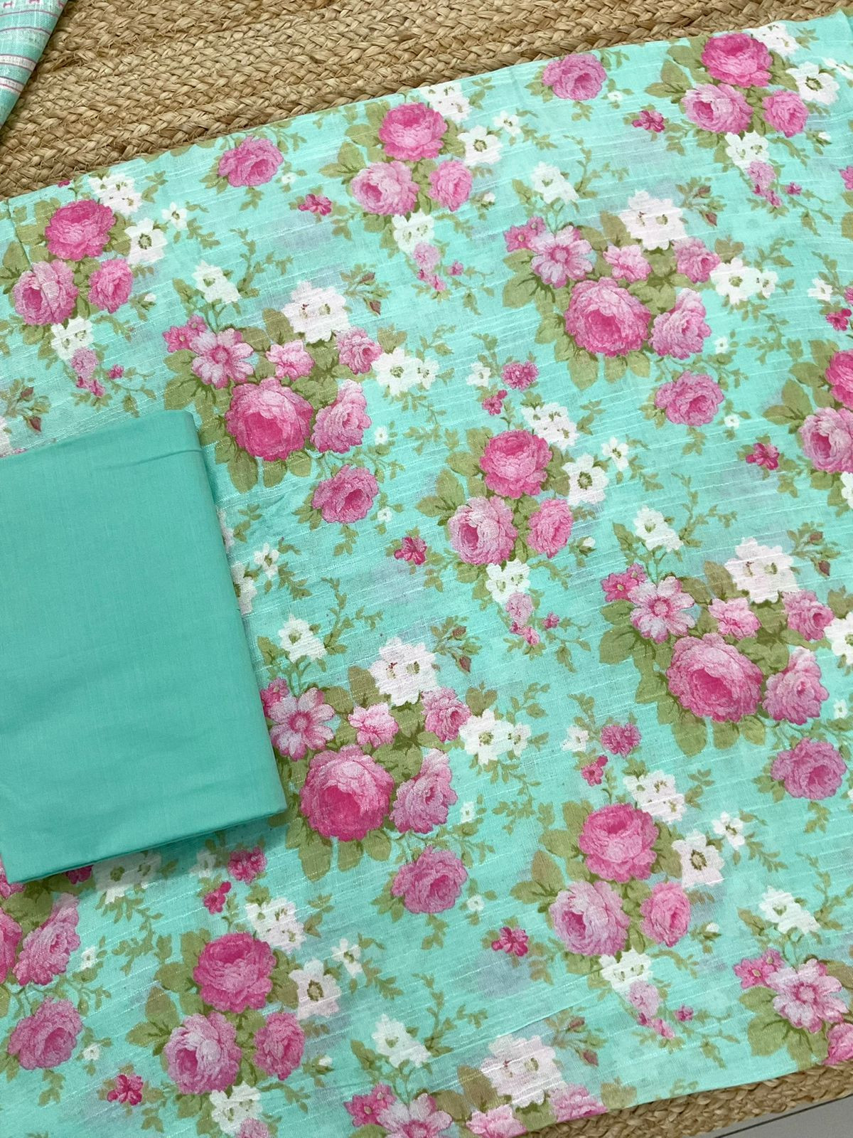 Pure Linen Jute Cotton Silk Printed Suit - Green
