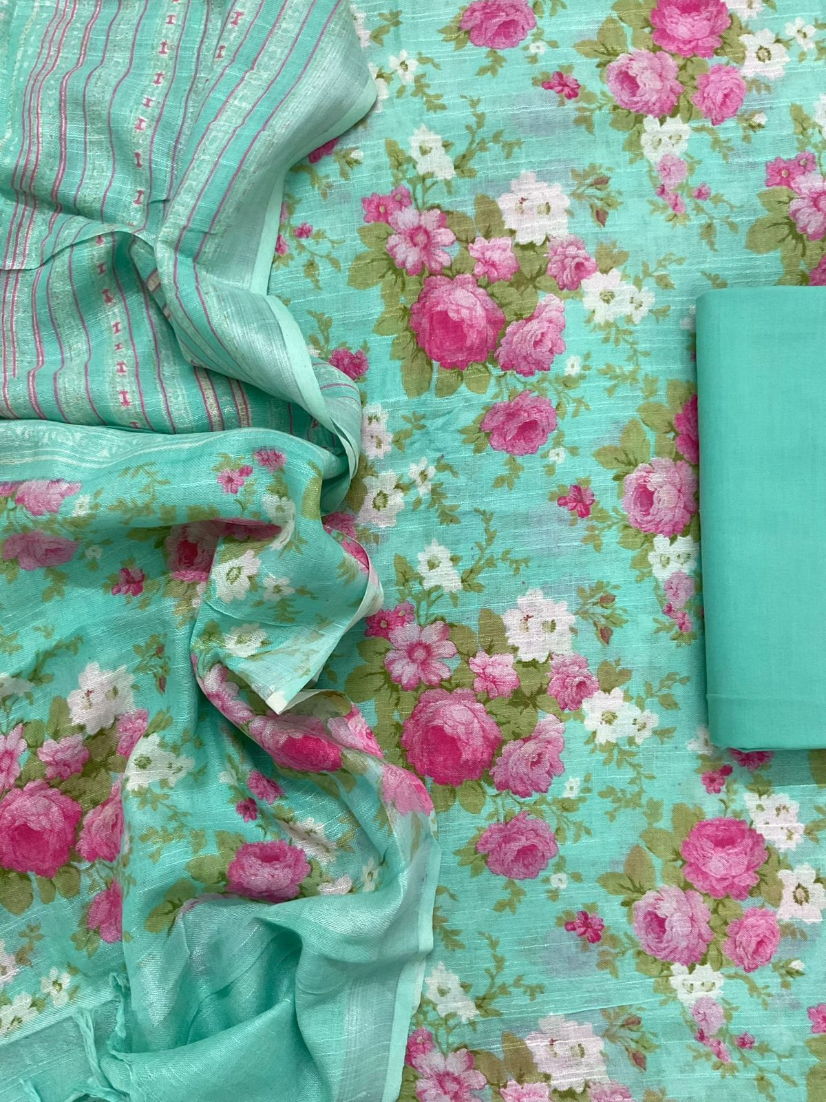 Pure Linen Jute Cotton Silk Printed Suit - Green