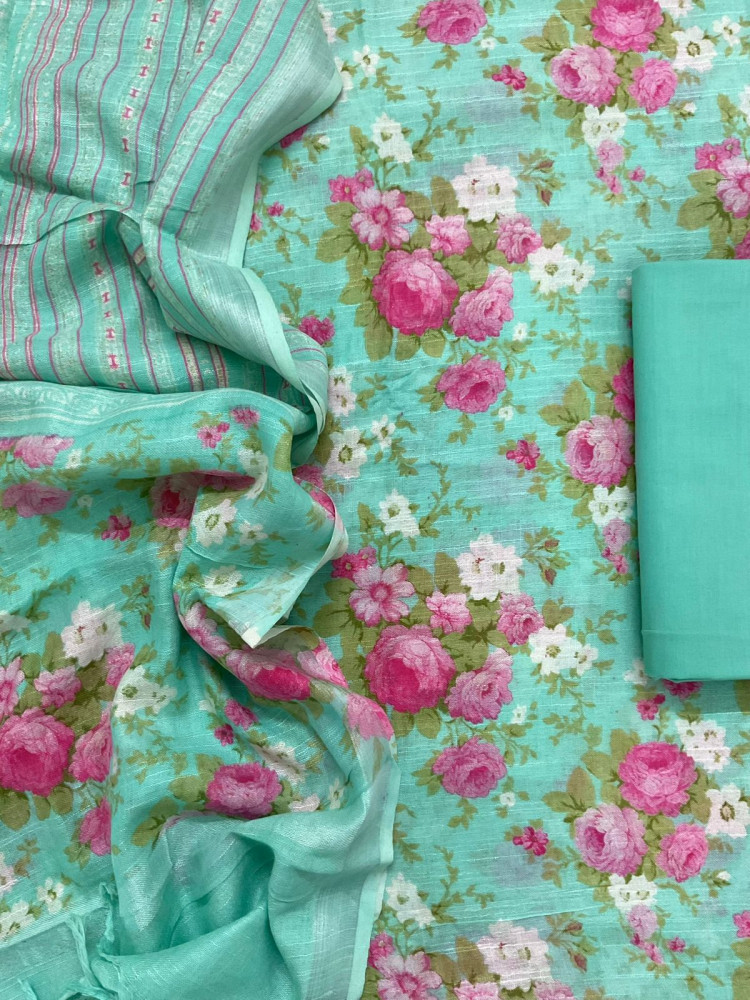 Image of Pure Linen Jute Cotton Silk Printed Suit - Green