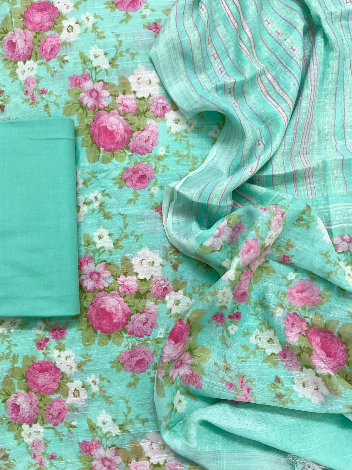 Pure Linen Jute Cotton Silk Printed Suit - Green