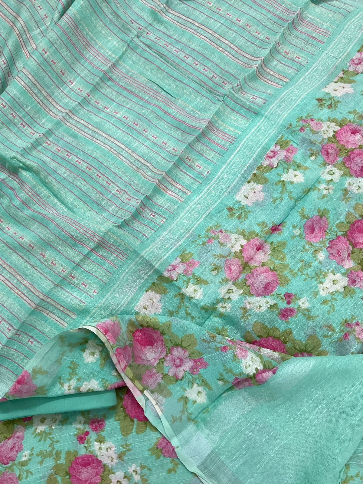 Pure Linen Jute Cotton Silk Printed Suit - Green