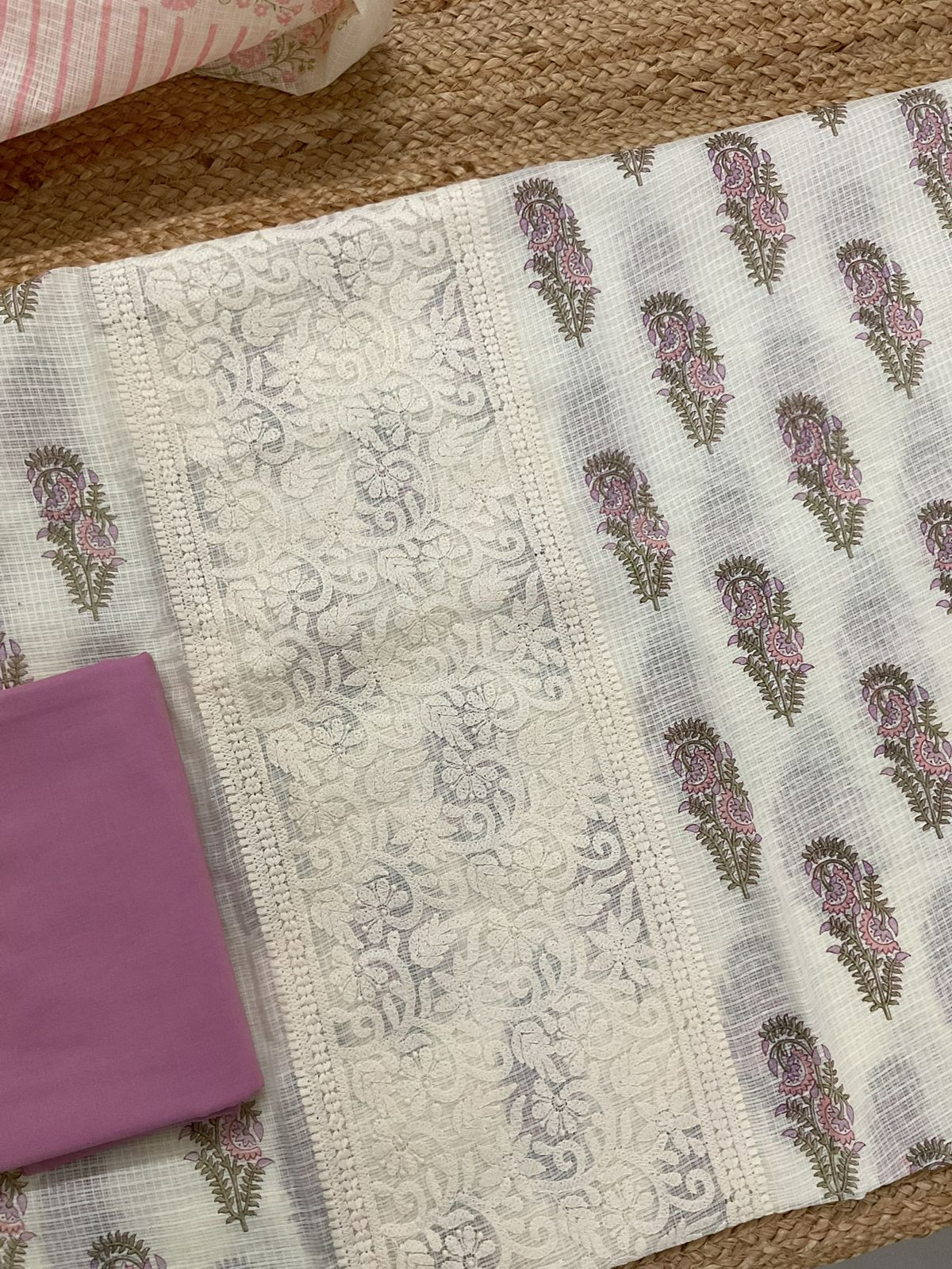 Pure Kota Cotton Printed Embroidered Suit - Cream