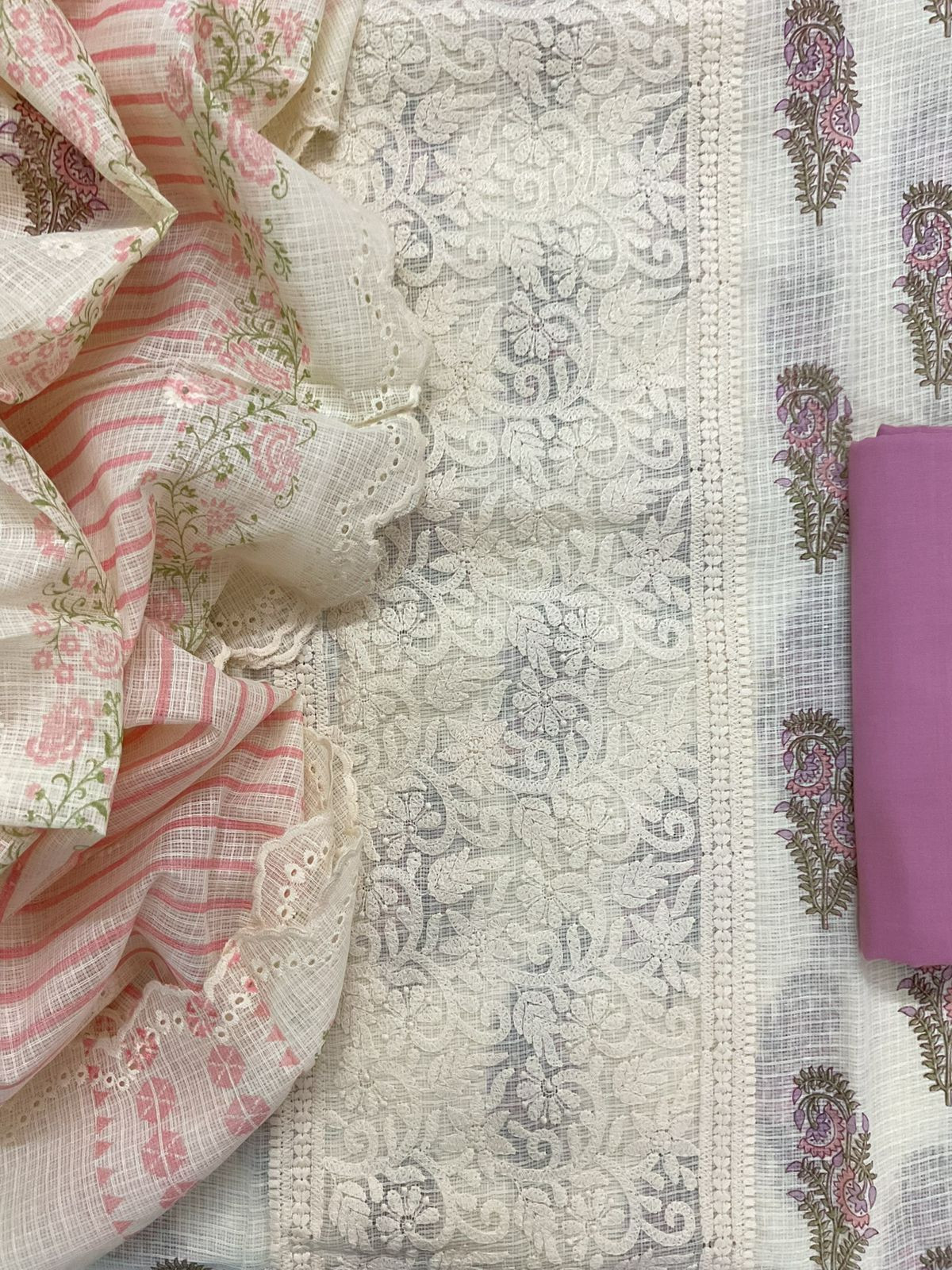 Pure Kota Cotton Printed Embroidered Suit - Cream