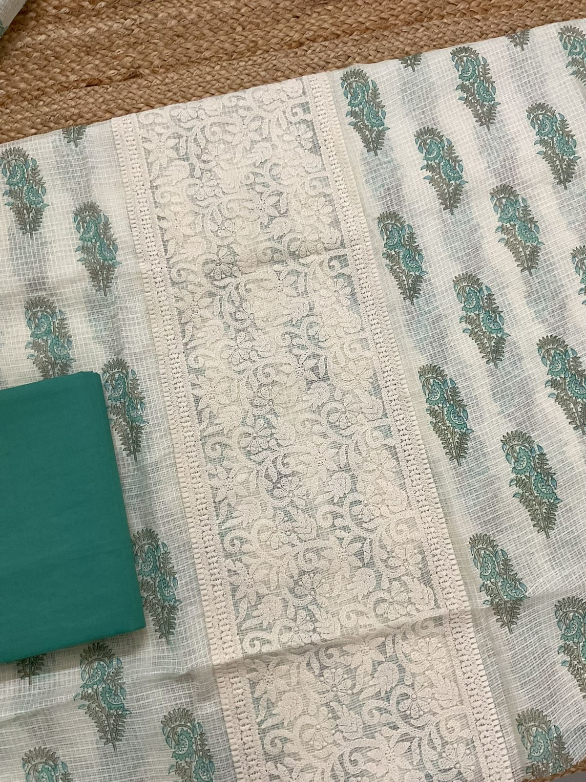 Pure Kota Cotton Printed Embroidered Suit - Cream