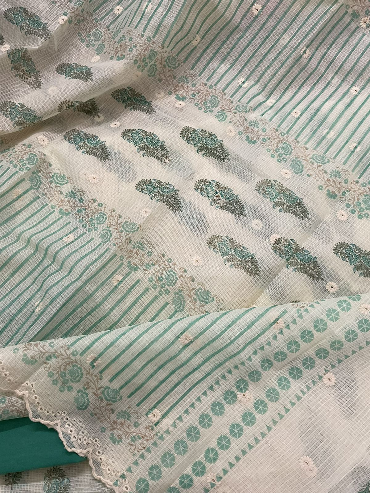 Pure Kota Cotton Printed Embroidered Suit - Cream