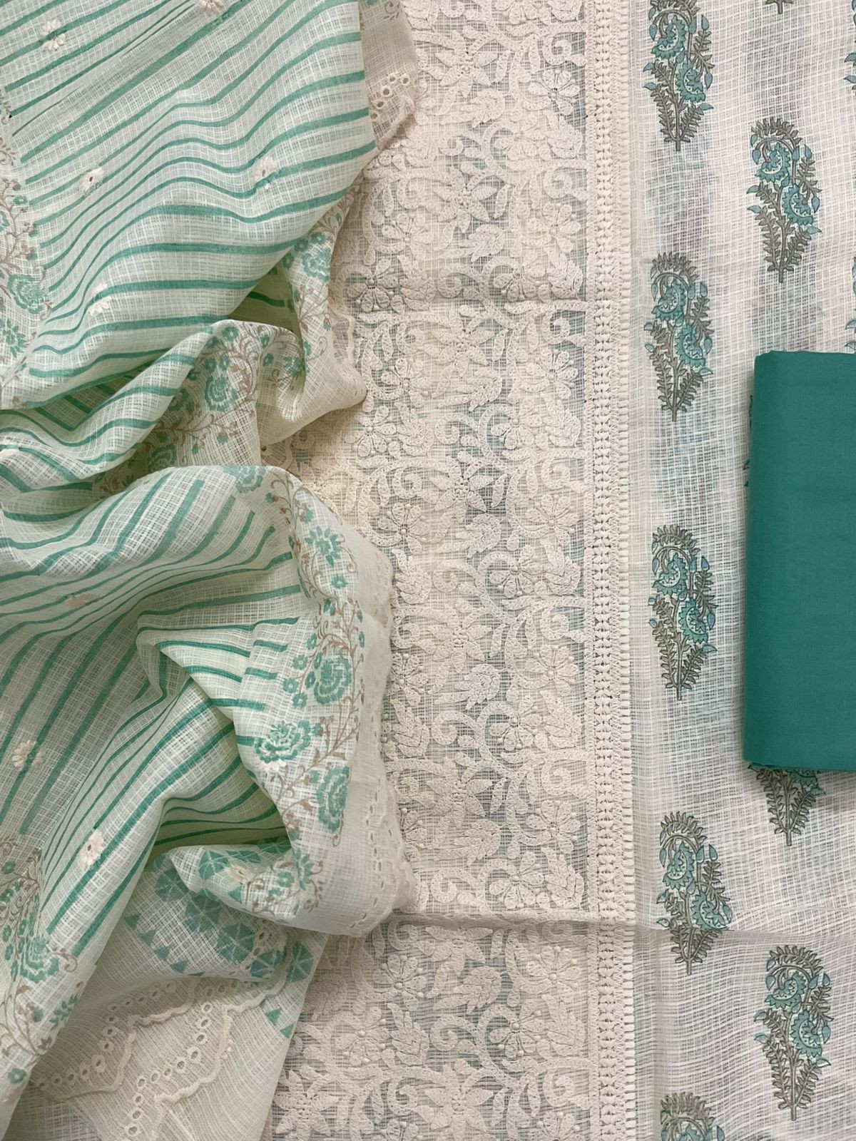 Pure Kota Cotton Printed Embroidered Suit - Cream