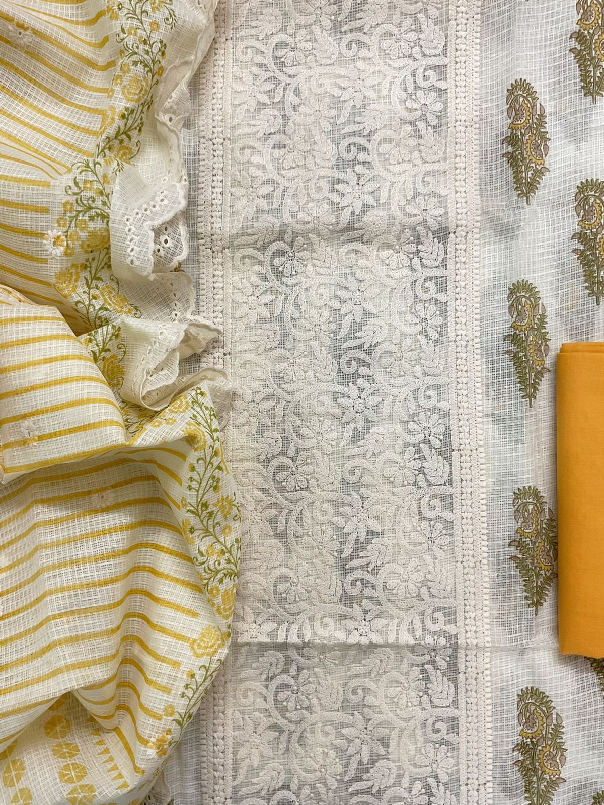 Pure Kota Cotton Printed Embroidered Suit - Cream