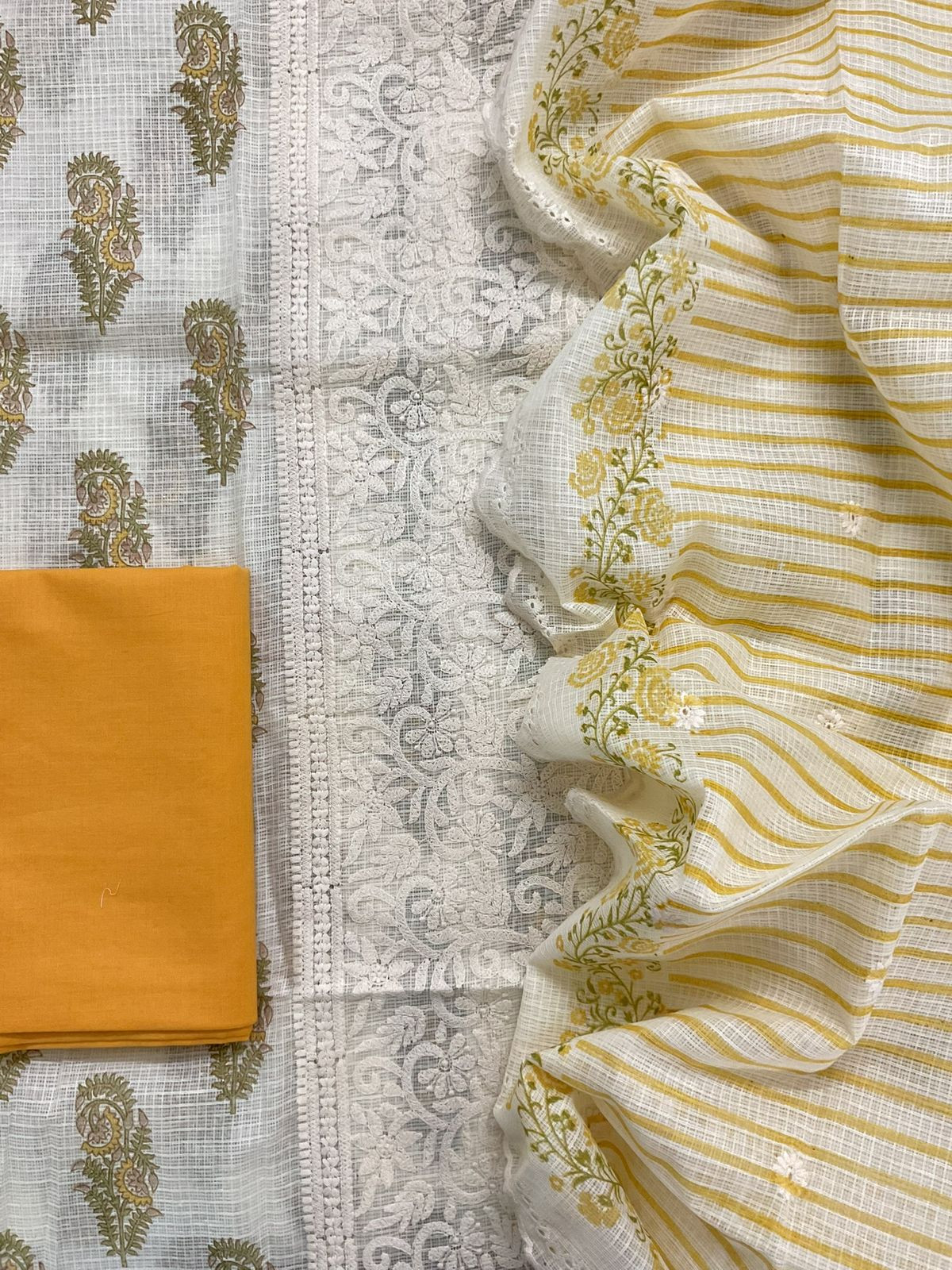 Pure Kota Cotton Printed Embroidered Suit - Cream