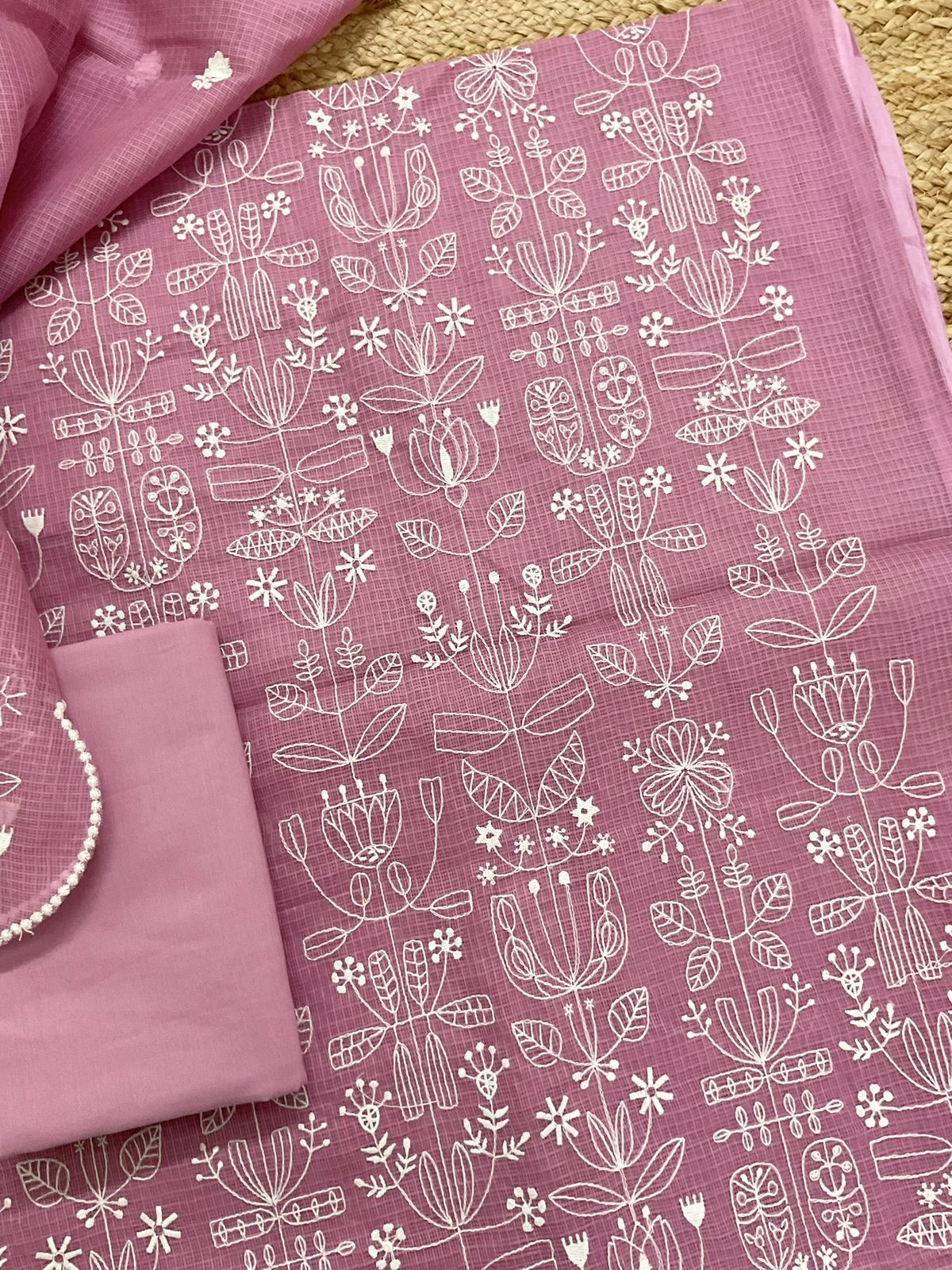 Soft Kota Silk Embroidered Suit - Pink