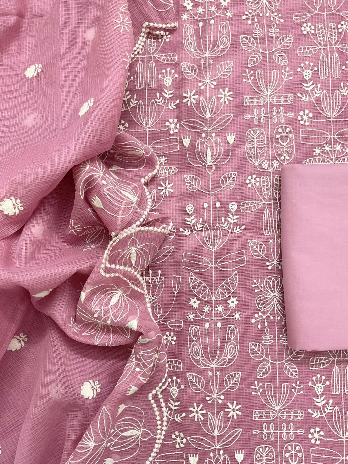 Soft Kota Silk Embroidered Suit - Pink