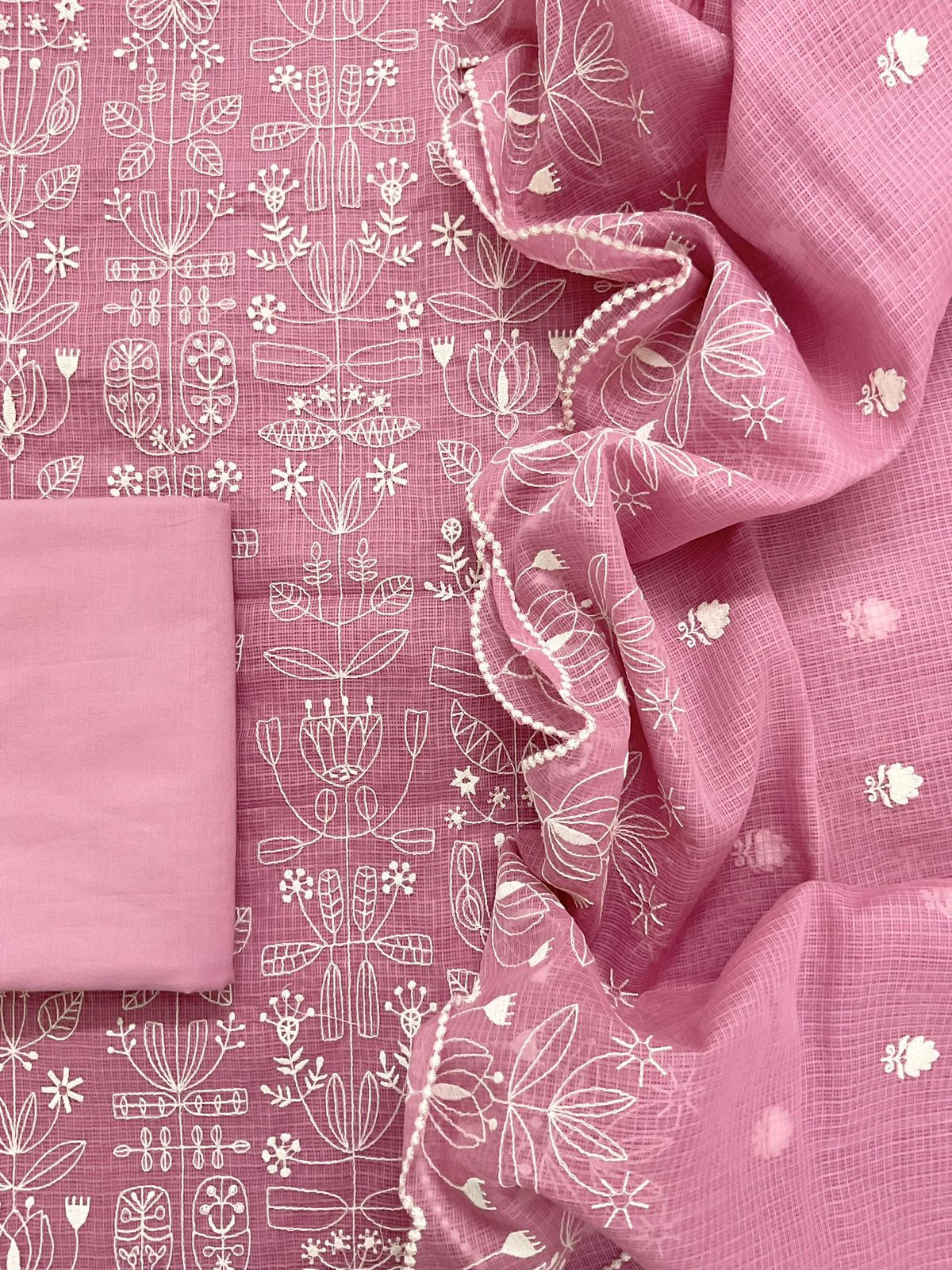 Soft Kota Silk Embroidered Suit - Pink