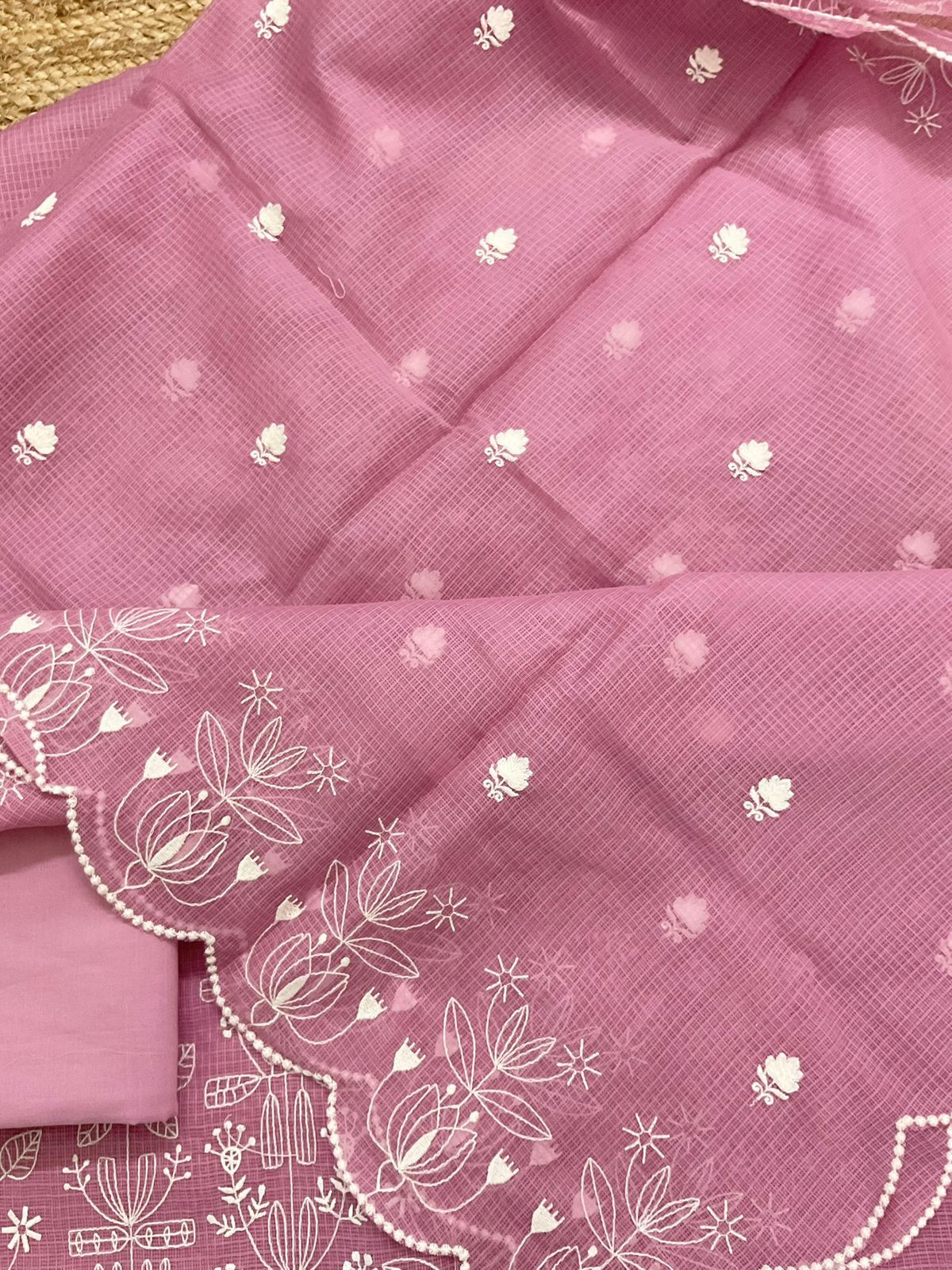 Soft Kota Silk Embroidered Suit - Pink