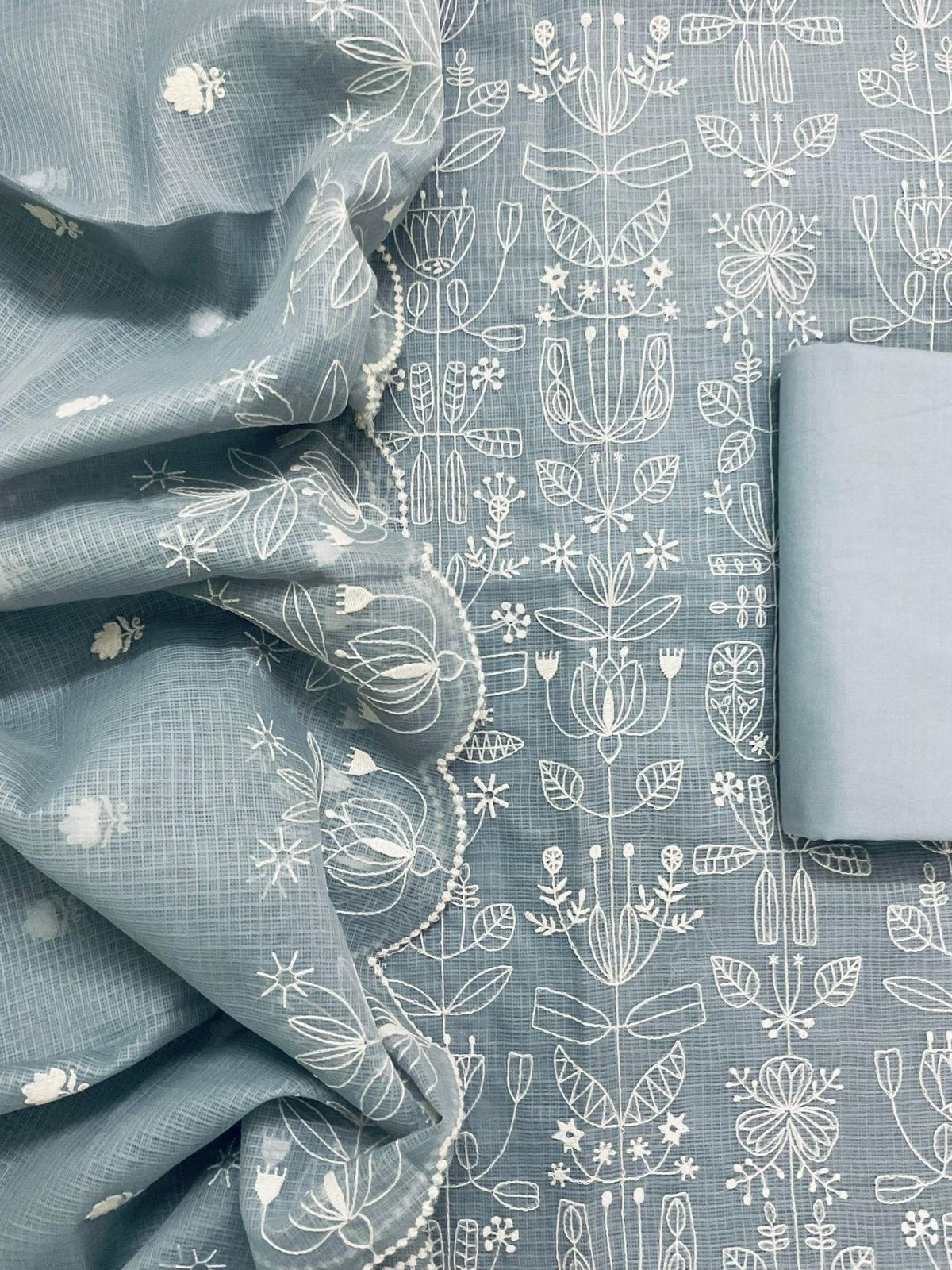 Soft Kota Silk Embroidered Suit - Grey