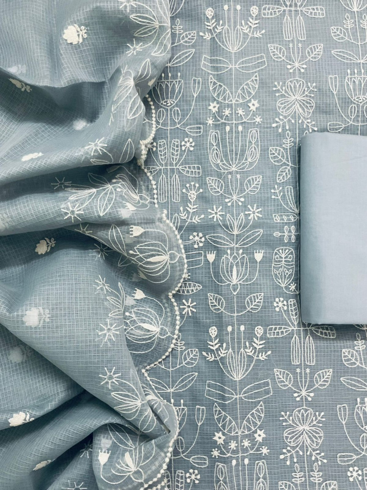 Image of Soft Kota Silk Embroidered Suit - Grey