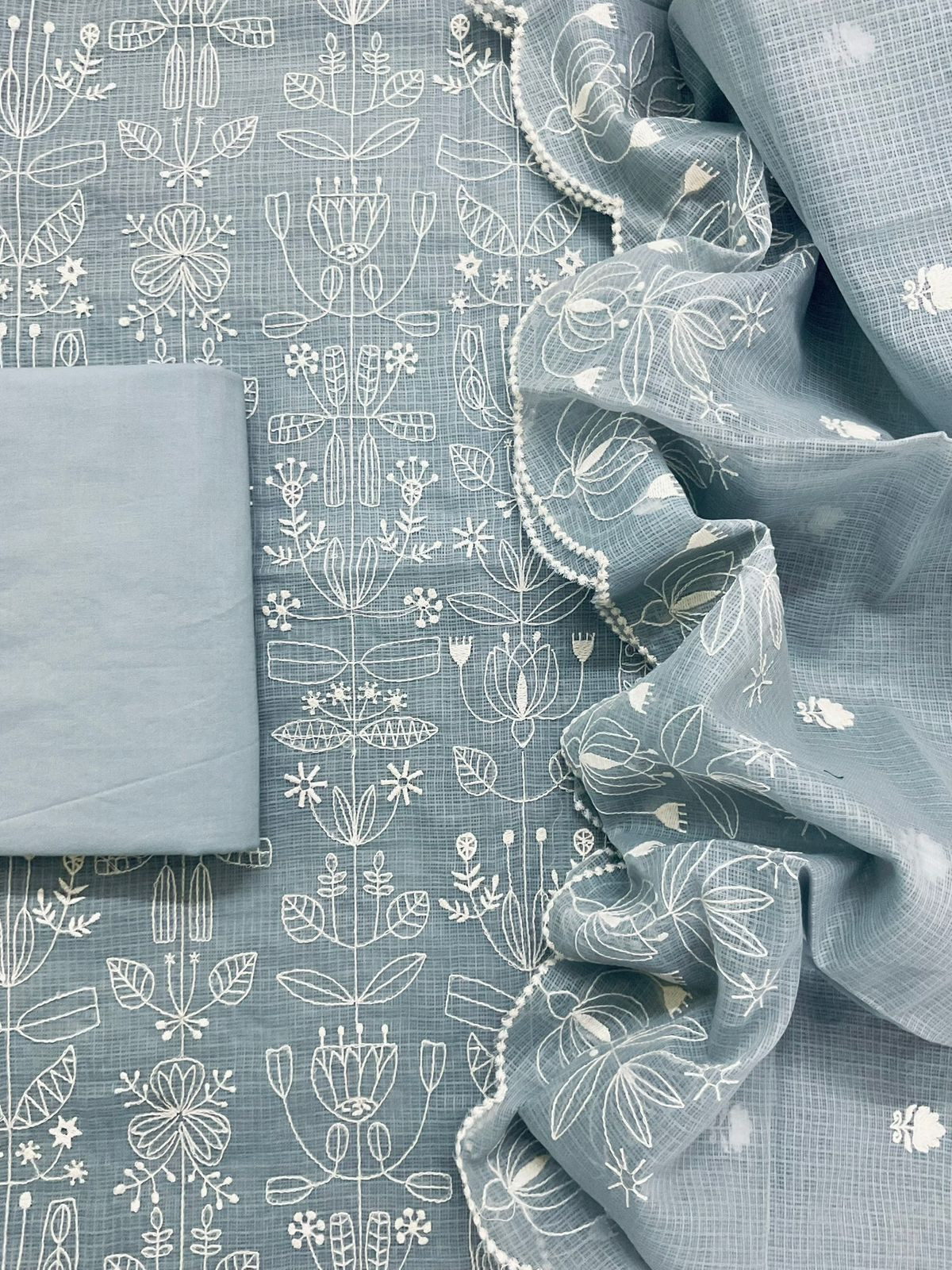 Soft Kota Silk Embroidered Suit - Grey
