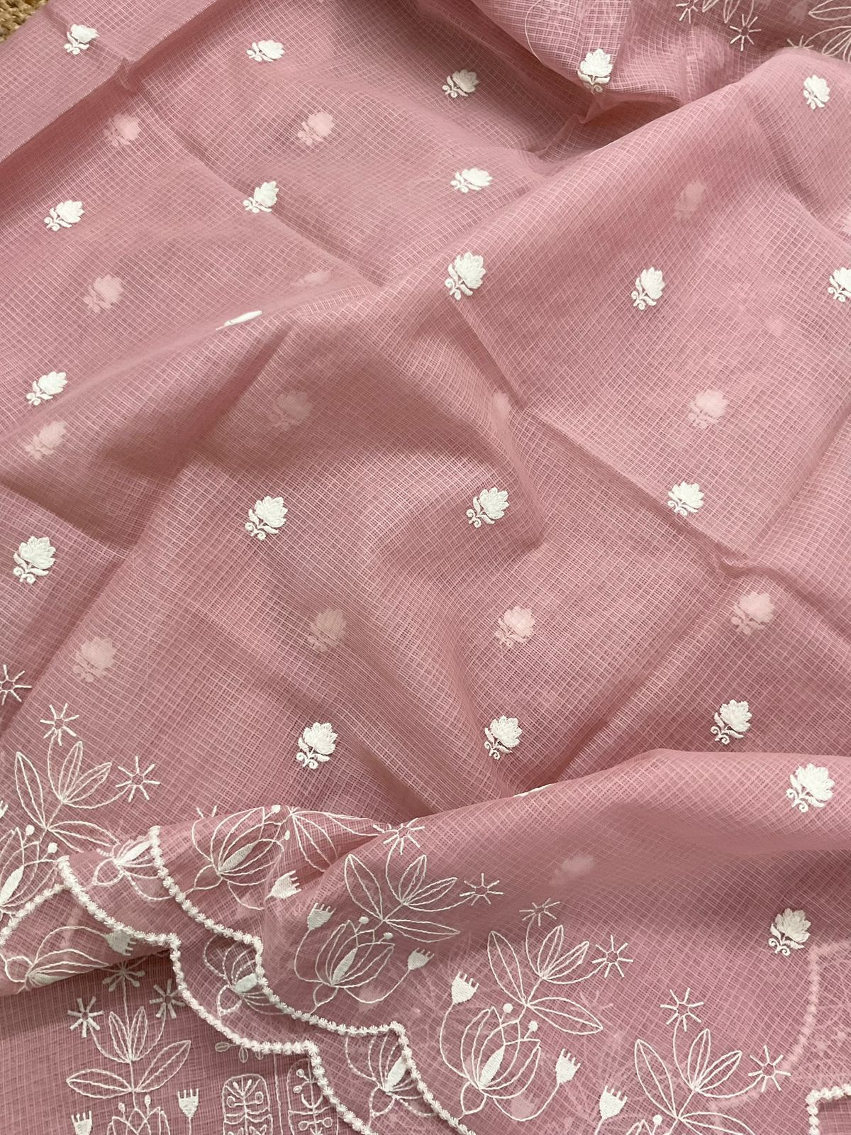Soft Kota Silk Embroidered Suit - Peach