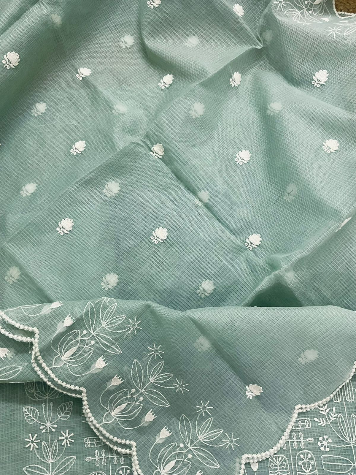 Soft Kota Silk Embroidered Suit - Green
