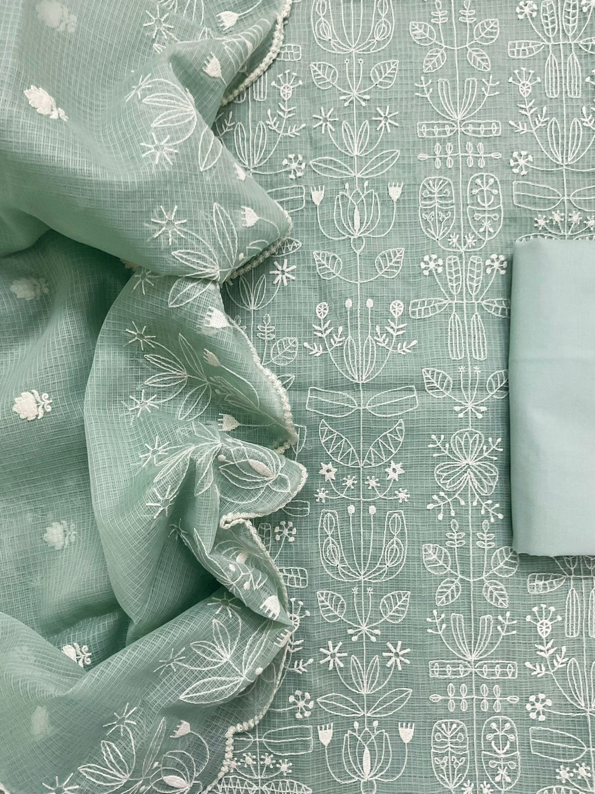 Soft Kota Silk Embroidered Suit - Green