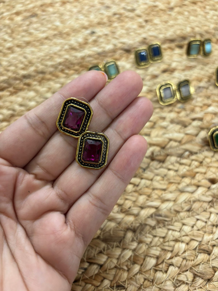 Image of Metallic Oxidised Gold Earrings With Stone Settings - Wine