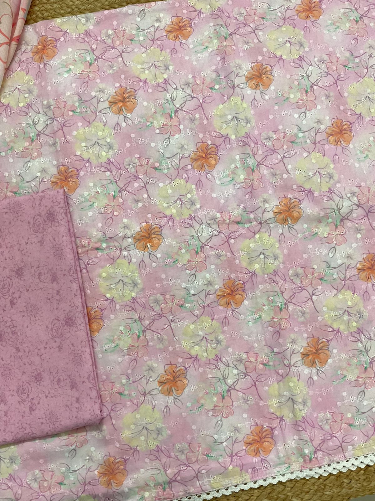 Soft Cotton Printed Embroidered Suit - Pink
