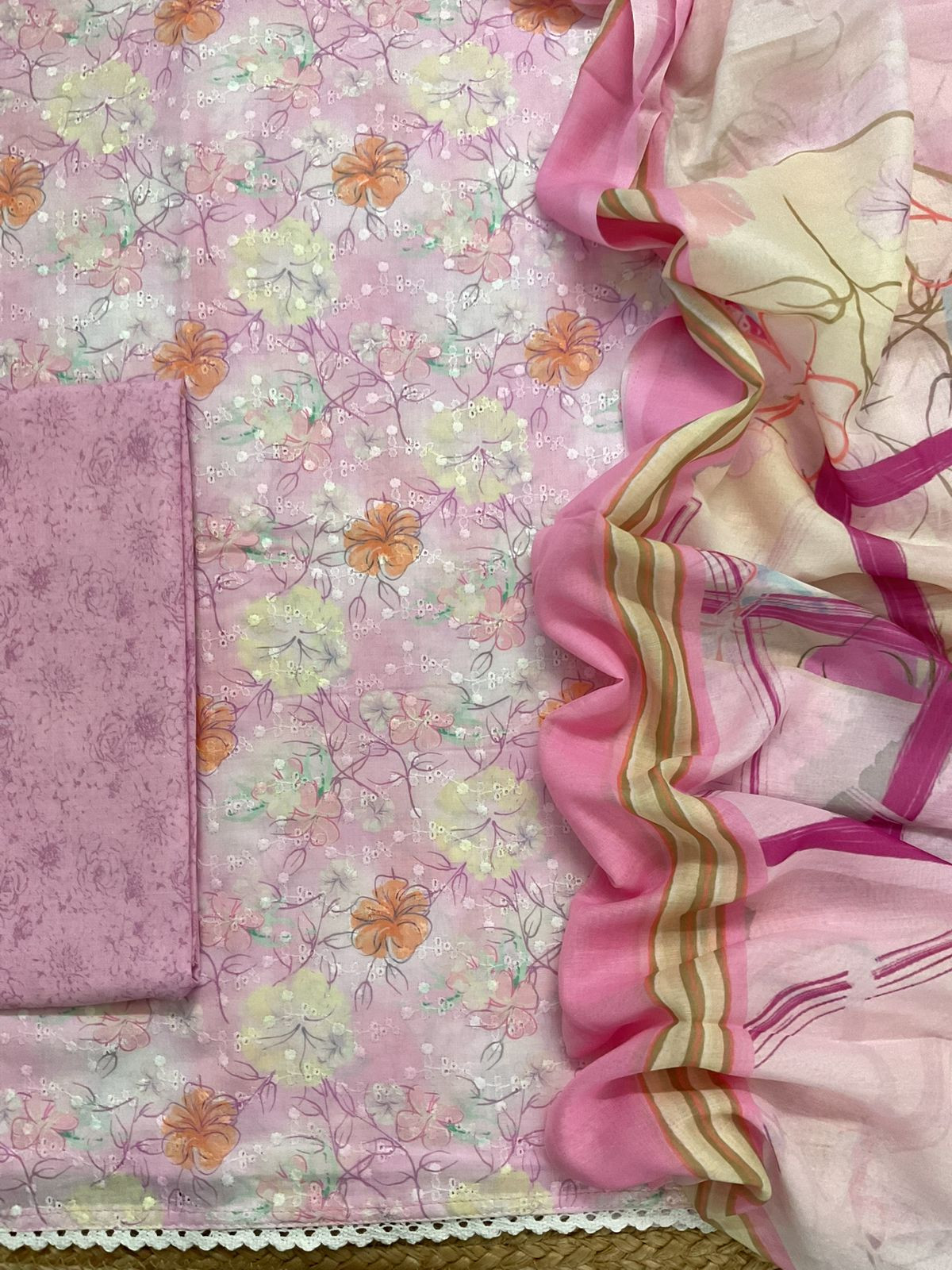 Soft Cotton Printed Embroidered Suit - Pink