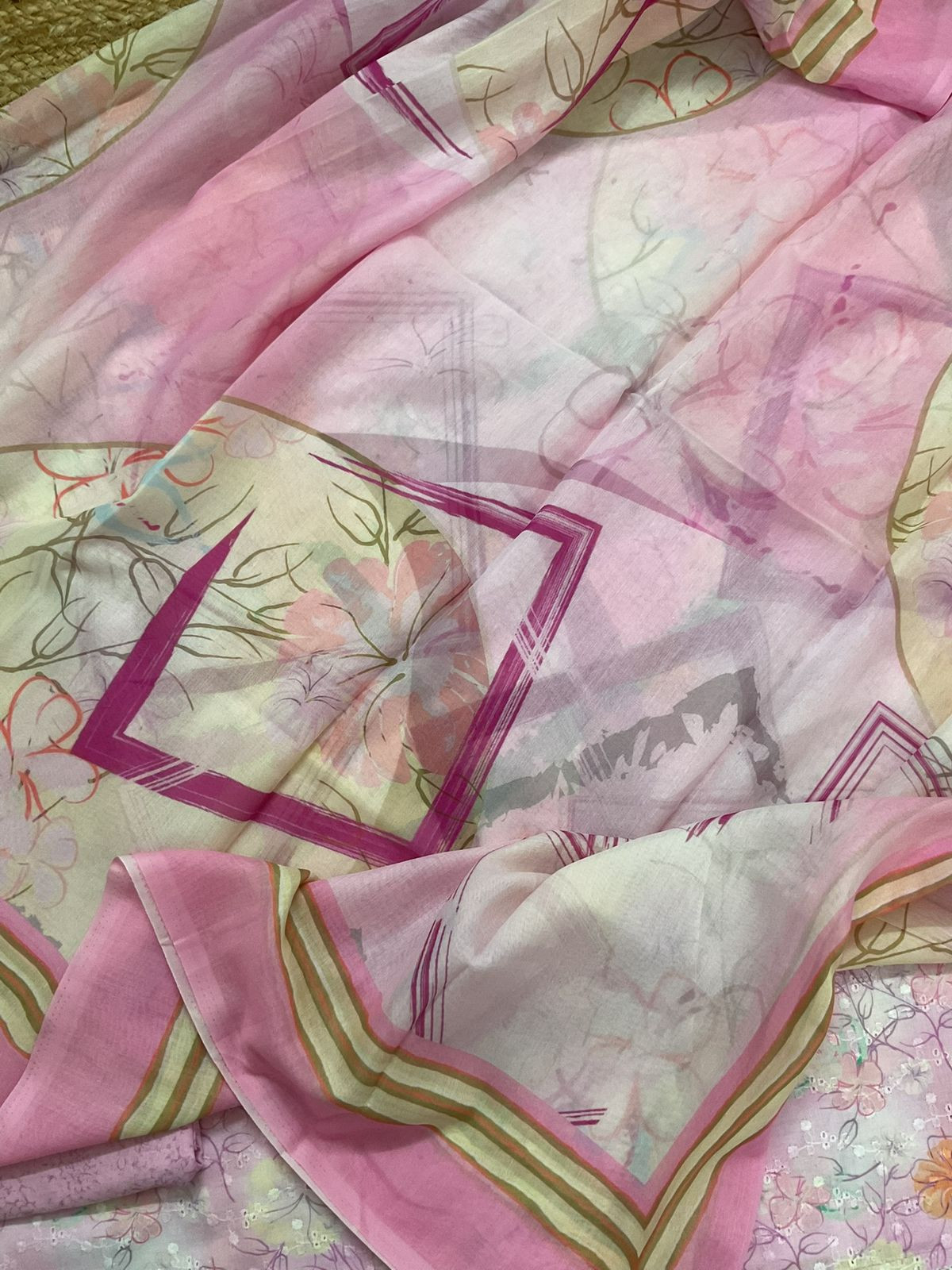 Soft Cotton Printed Embroidered Suit - Pink