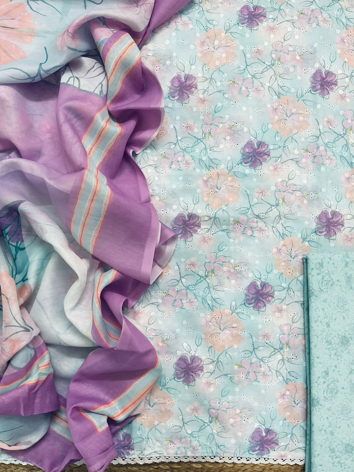 Soft Cotton Printed Embroidered Suit - Blue