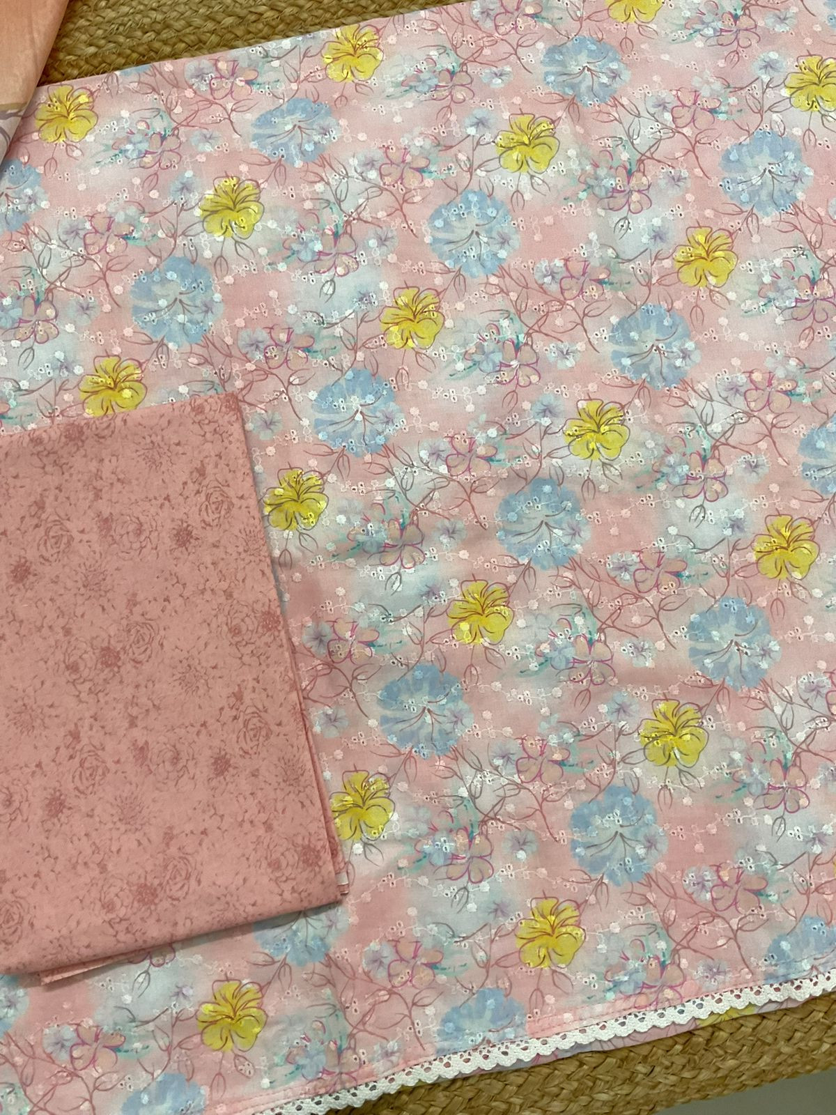 Soft Cotton Printed Embroidered Suit - Peach