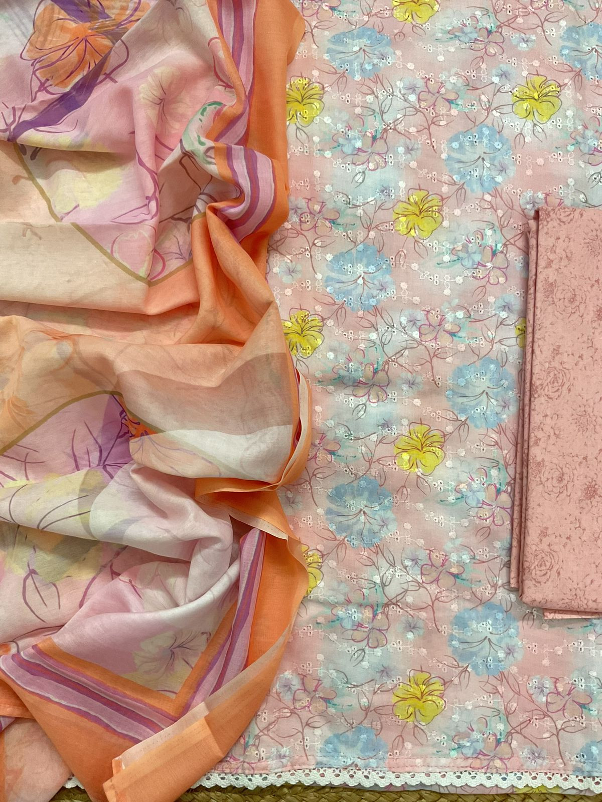Soft Cotton Printed Embroidered Suit - Peach
