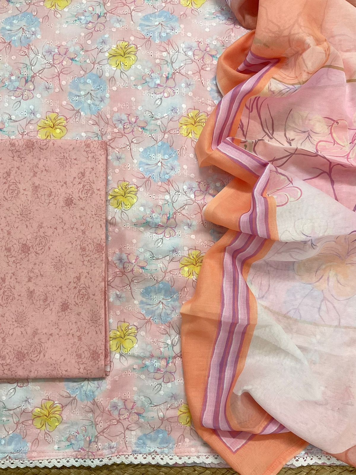 Soft Cotton Printed Embroidered Suit - Peach