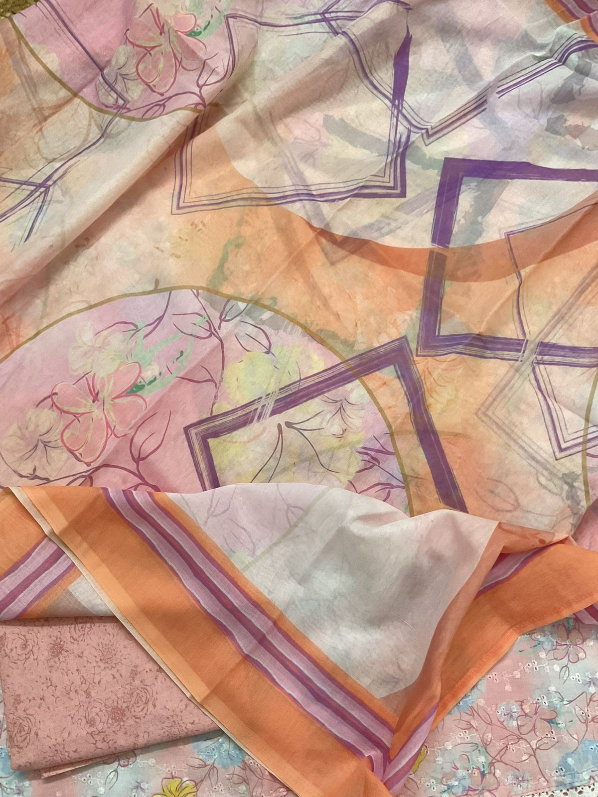 Soft Cotton Printed Embroidered Suit - Peach