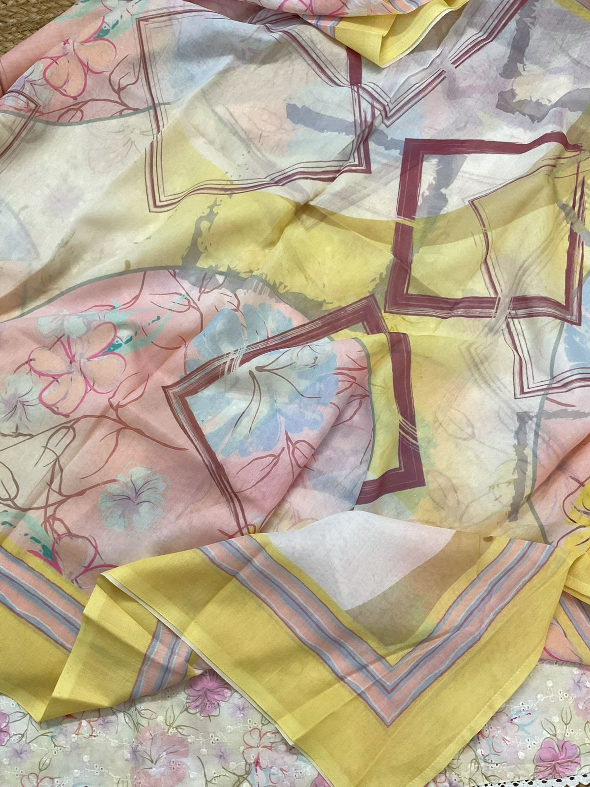 Soft Cotton Printed Embroidered Suit - Yellow