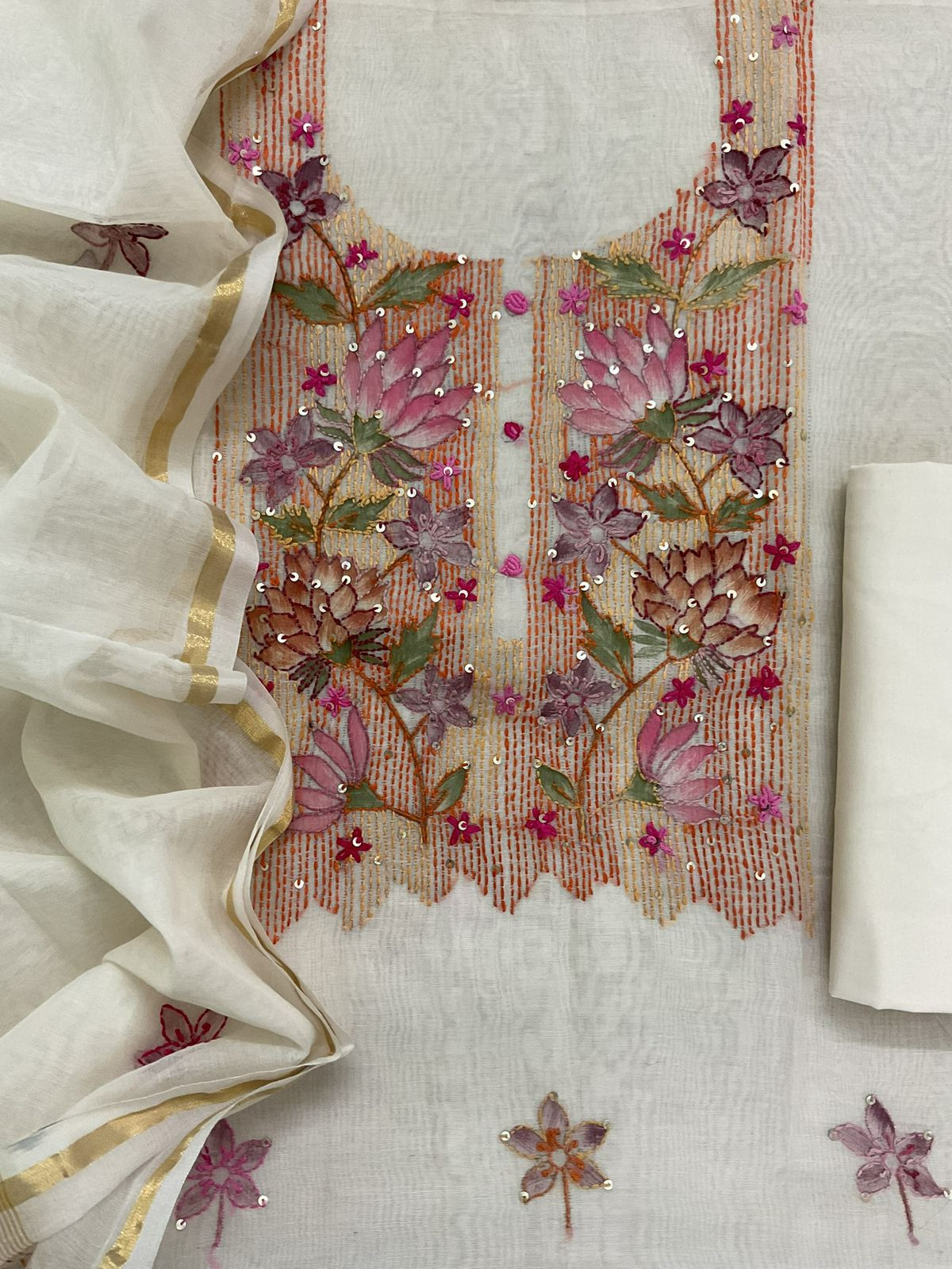 Soft Chanderi Brush Painted Embroidered Suit - Off White