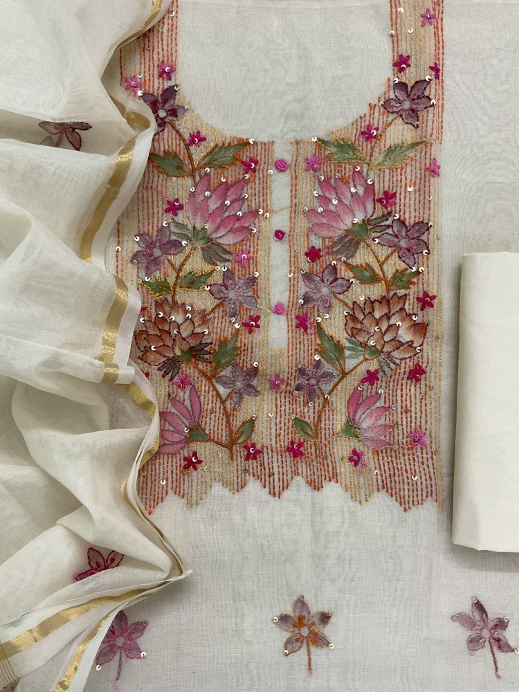 Image of Soft Chanderi Brush Painted Embroidered Suit - Off White