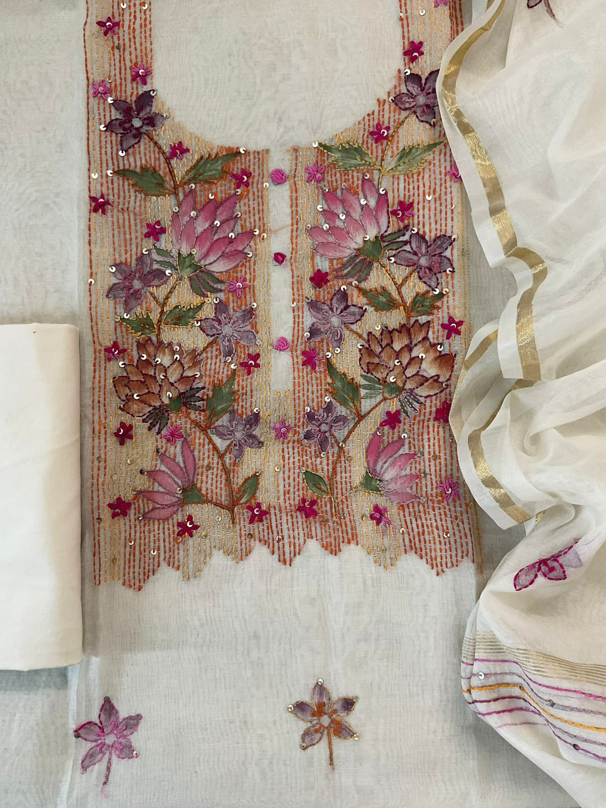 Soft Chanderi Brush Painted Embroidered Suit - Off White