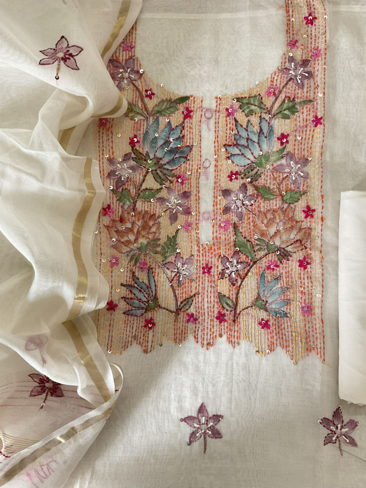 Image of Soft Chanderi Brush Painted Embroidered Suit - Off White