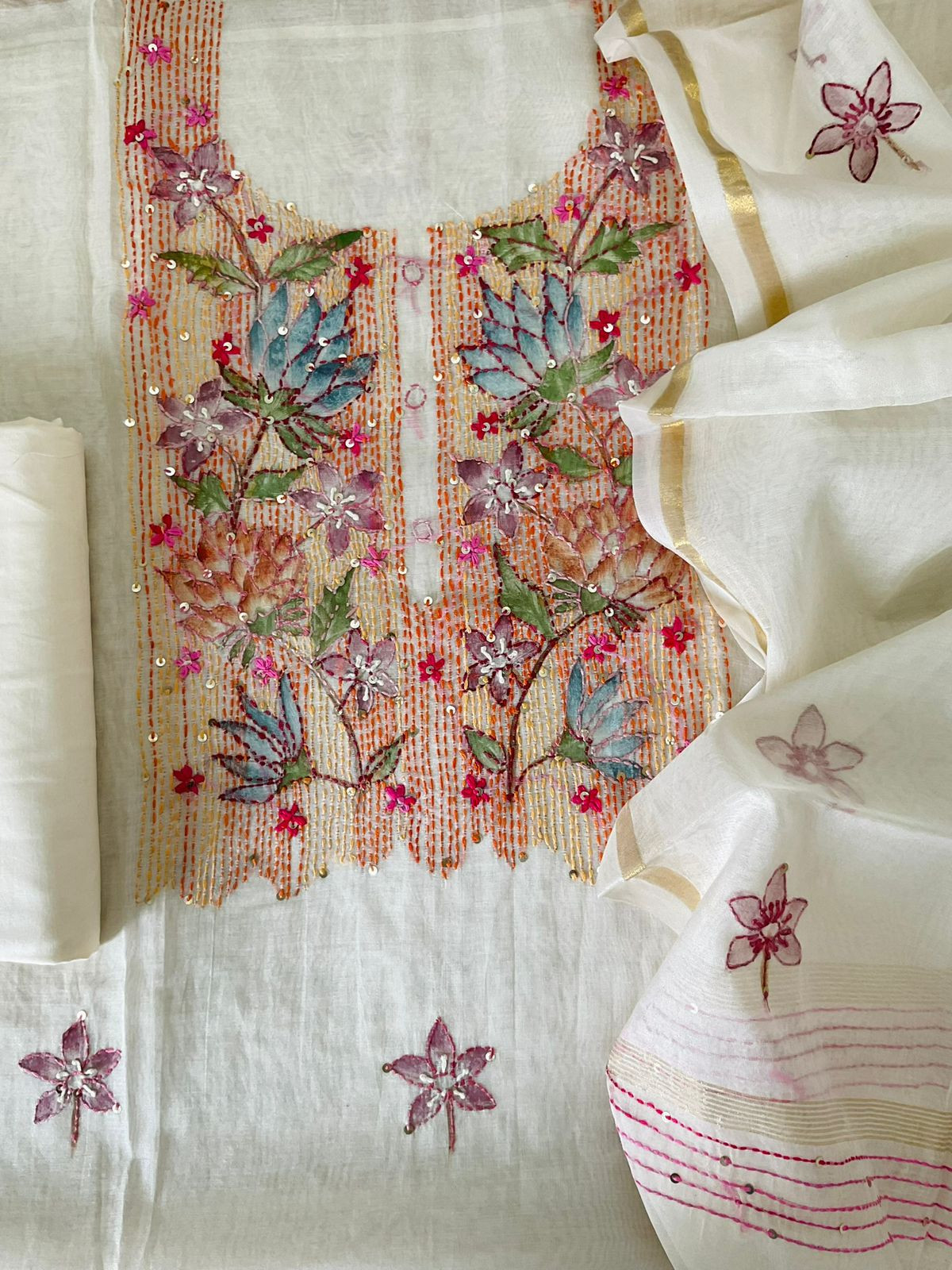 Soft Chanderi Brush Painted Embroidered Suit - Off White