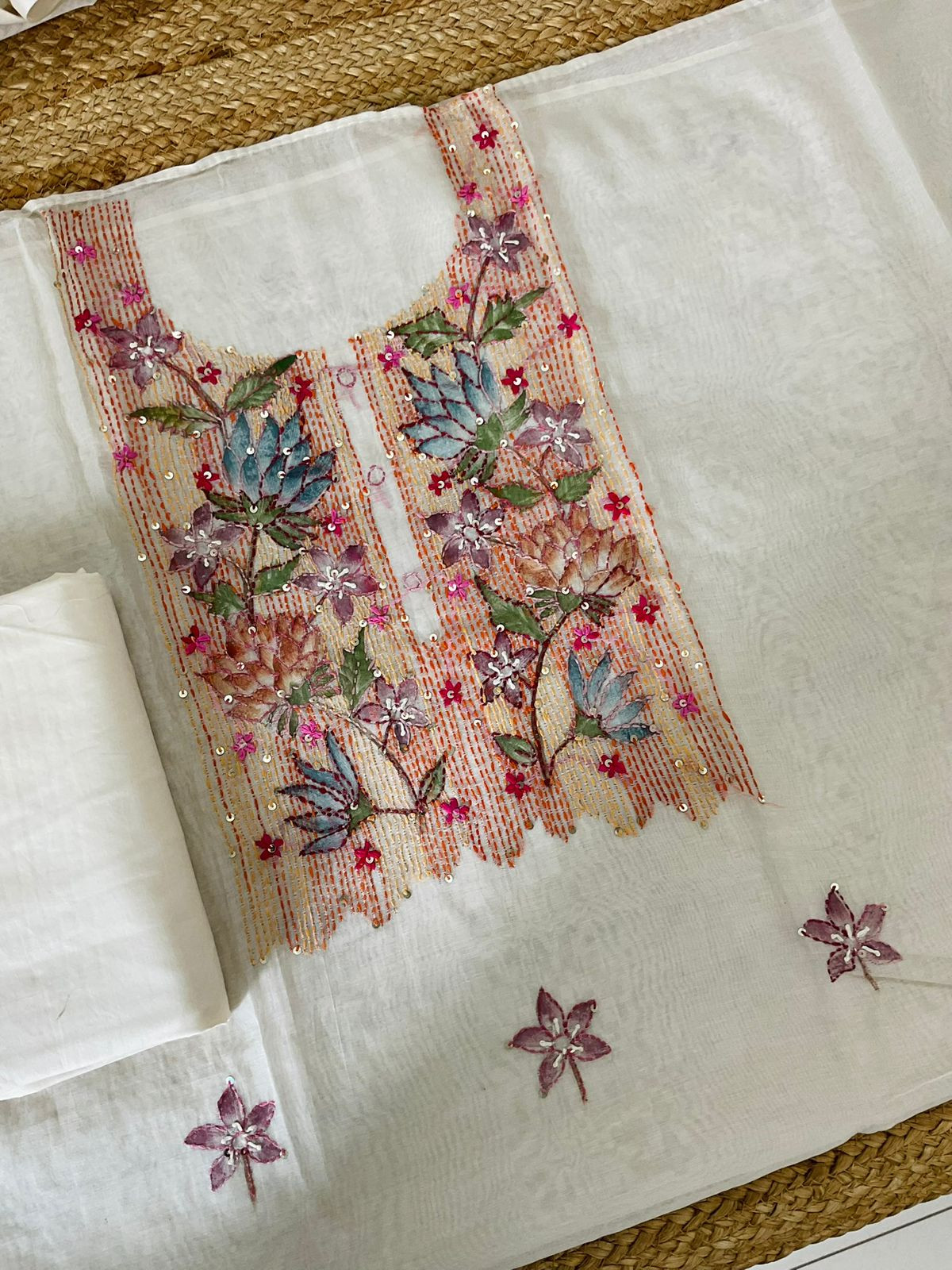 Soft Chanderi Brush Painted Embroidered Suit - Off White